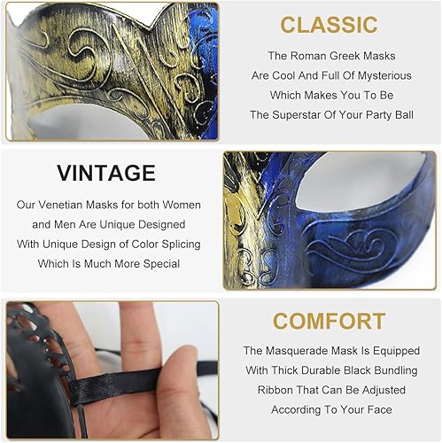 Miniatura 2 de Máscara de máscaras para hombres, parejas, máscara griega romana para Mardi Gras veneciano, disfraces, fiesta, baile de graduación (oro real + azul)
