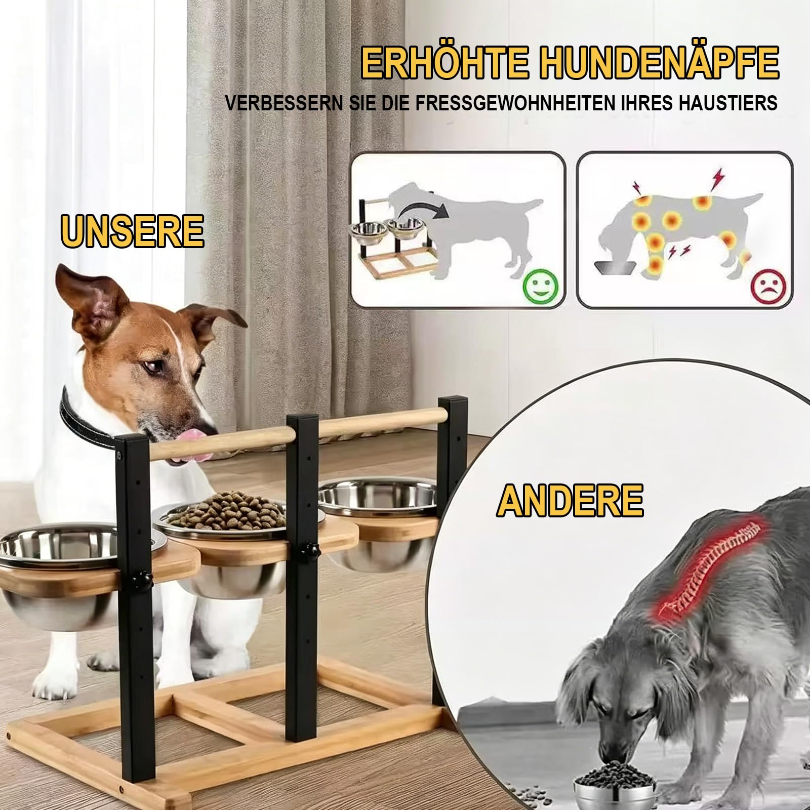 Gamelle surélevée réglable pour Chien, mangeoire en Bambou et métal avec 6 hauteurs réglables de 10 à 30 cm, 3 Bols INOX 304 de 1400 ML, Support Ergonomique pour Chiens Moyens et Grands