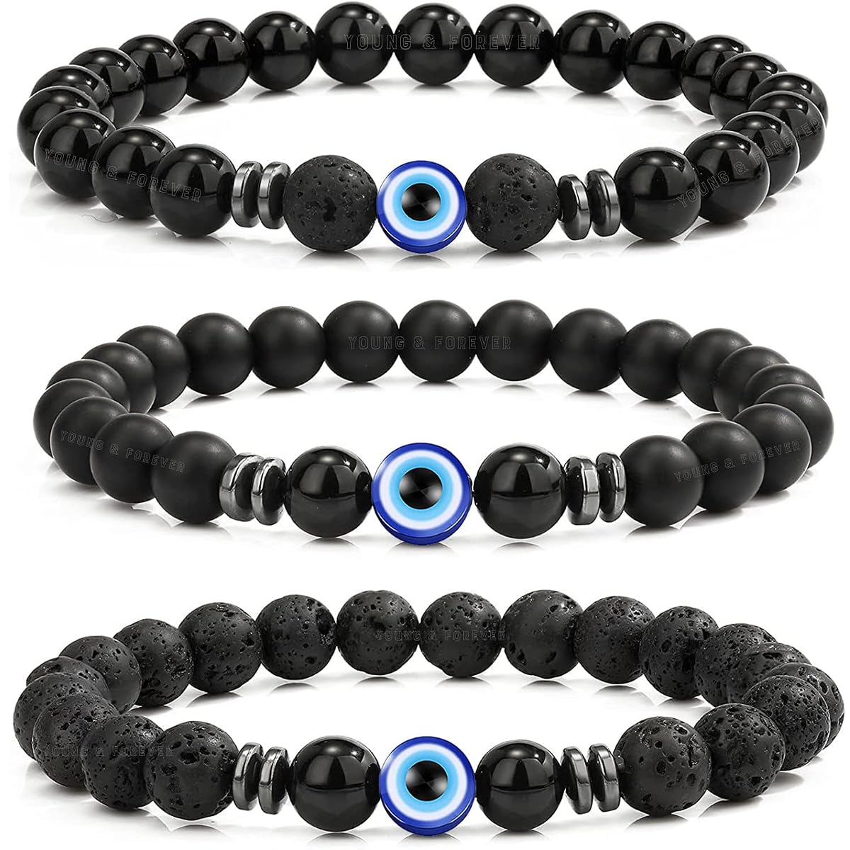 Young & Forever Black Lava Rock and Onyx Beaded Bracelet, Natural Stone Evil