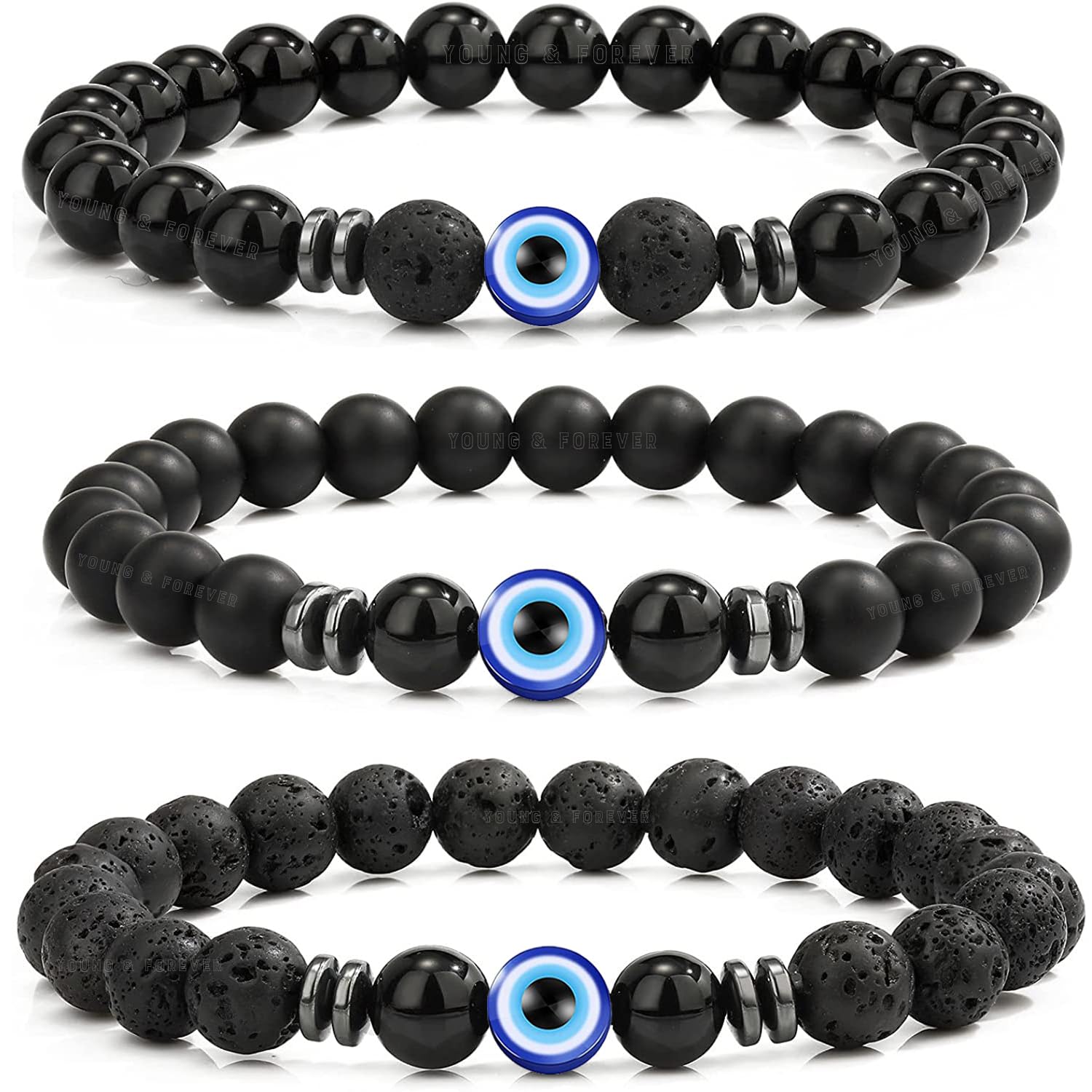 Young & Forever Black Lava Rock and Onyx Beaded Bracelet, Natural Stone Evil