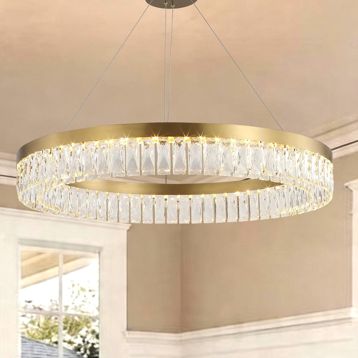 Modern Crystal Chandeliers 31.5'' Round Led Gold Chandelier Light Fixture, 3 Colors Contemporary Pendant Ceiling Light for Dining Room Living Room Kitchen Island Entryway Foyer