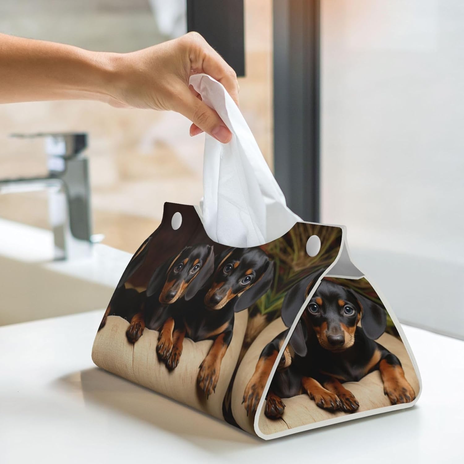 Decorative Tissue Box Cover Cute Two Dachshund Dog Tissue Box Holder Aesthetic Leather Storage Organizer Box for Bathroom Vanity Tabletop Night Stands Office Funny Home Decorative Tissue Case image 5