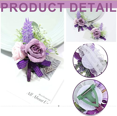 Miniatura 3 de Juego de 2 ramilletes de muñeca morados y boutonniere, ramillete de rosas artificiales y boutonniere para hombre, para boda, graduación,