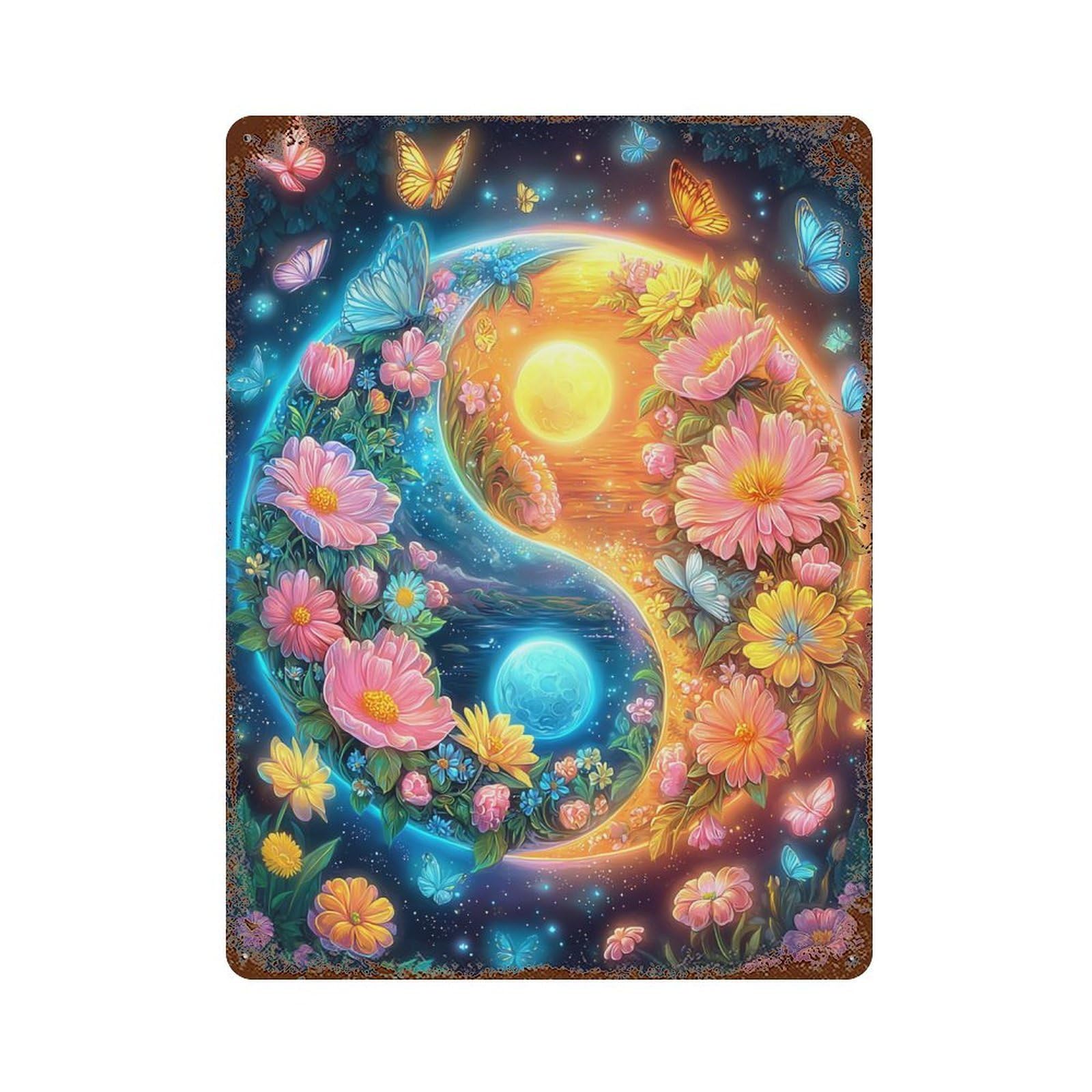 Floral Yin Yang Harmony Rustic Tin Plaque 15.7"x11.8", for Pub, Kitchen And Man Cave Decor, Vintage Wall Decor