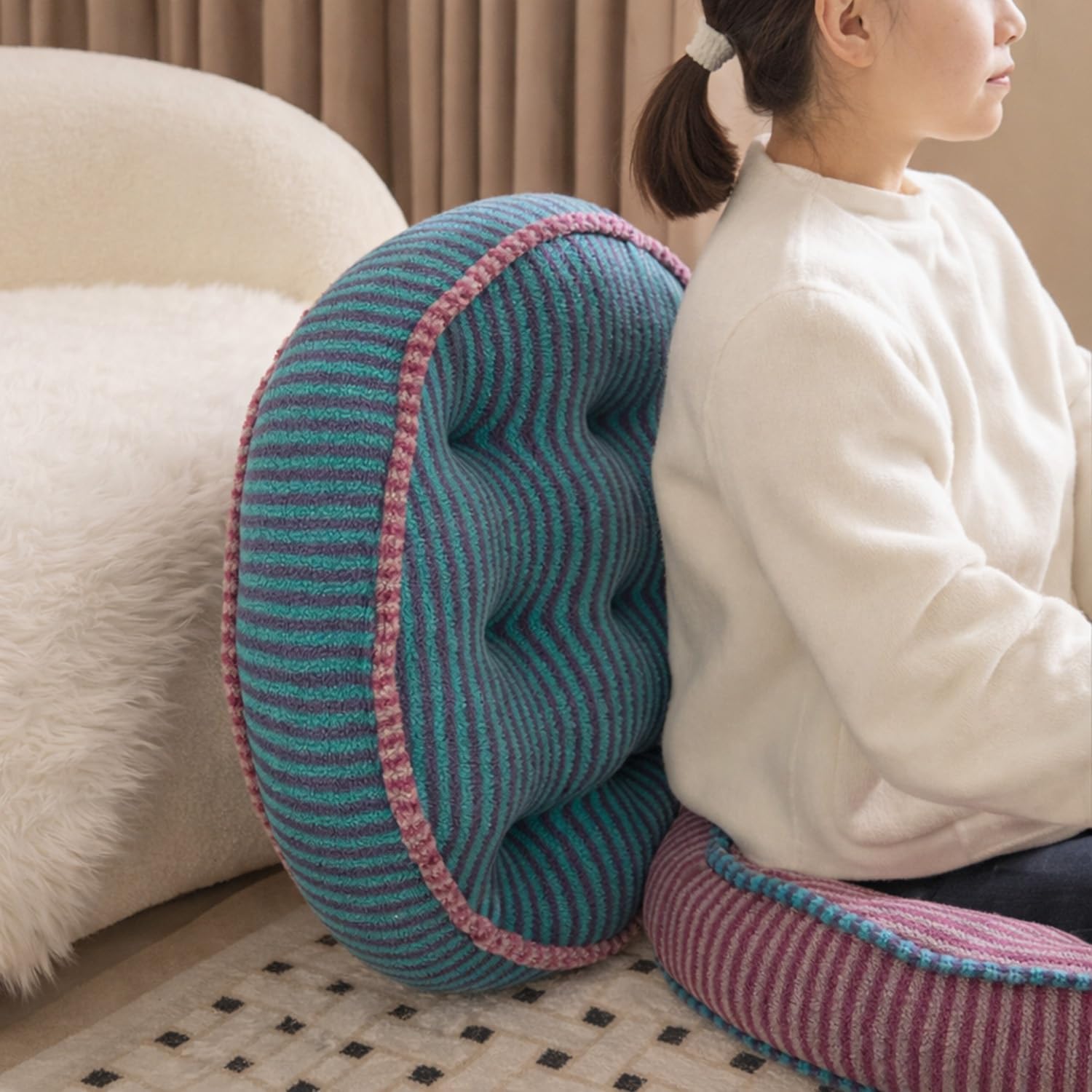 22" Large Round Floor Pillow Cushion, 5.5" Extra Thick Japanese Futon, Soft Striped Short Plush Seating with PP Cotton Filling, Tufted Floor Seat for Meditation, Yoga, Reading & Office(Blue,2 items)