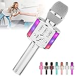 Amazmic Kids Karaoke Microphone Machine Toy Bluetooth Microphone Portable Wireless Karaoke Machine Handheld with LED Lights, Gift for Children Adults Birthday Party, Home KTV(Silver)