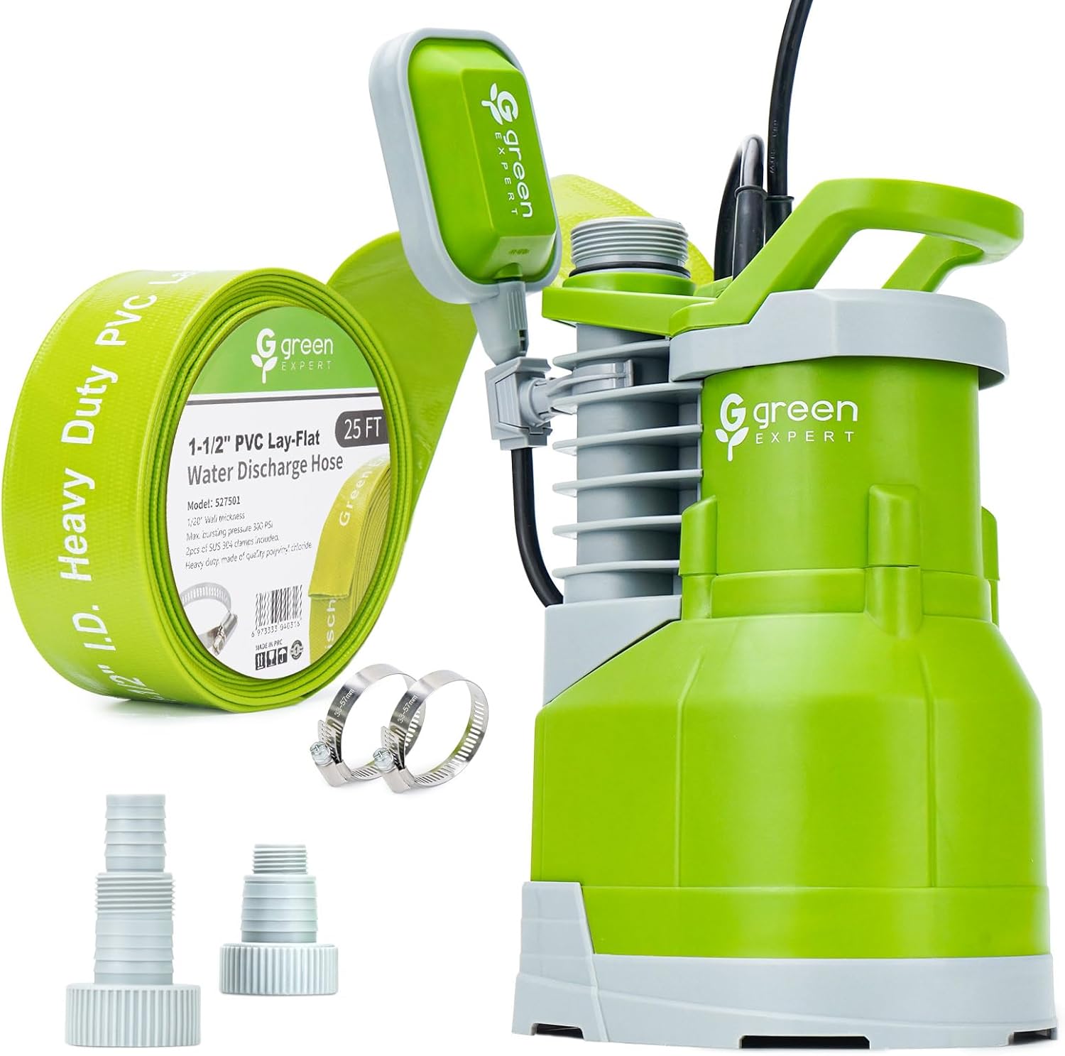 Green Expert Water Removal Kit – Powerful Sump Pump with 25FT PVC Discharge Hose, Max 4000 GPH High Flow for Quick Water Drainage