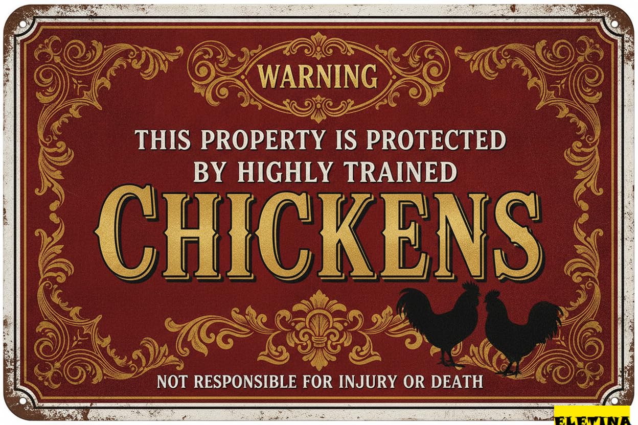 Property Protected By Chickens Tin Sign, 8x12 Inch Decor