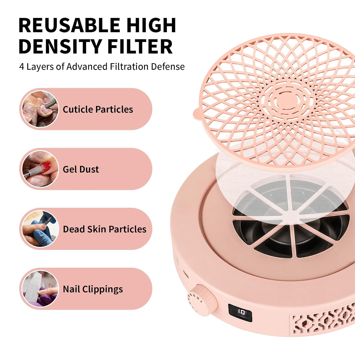 Cordless Nail Dust Collector, Portable Nail Fan Dust Collector with 10 Suction Modes, Nail Vacuum for Nail Tech, 30pcs Filters & Brush, Easy-Control for Acrylic Gel Nail Polishing Nail Tech Use (Pink)