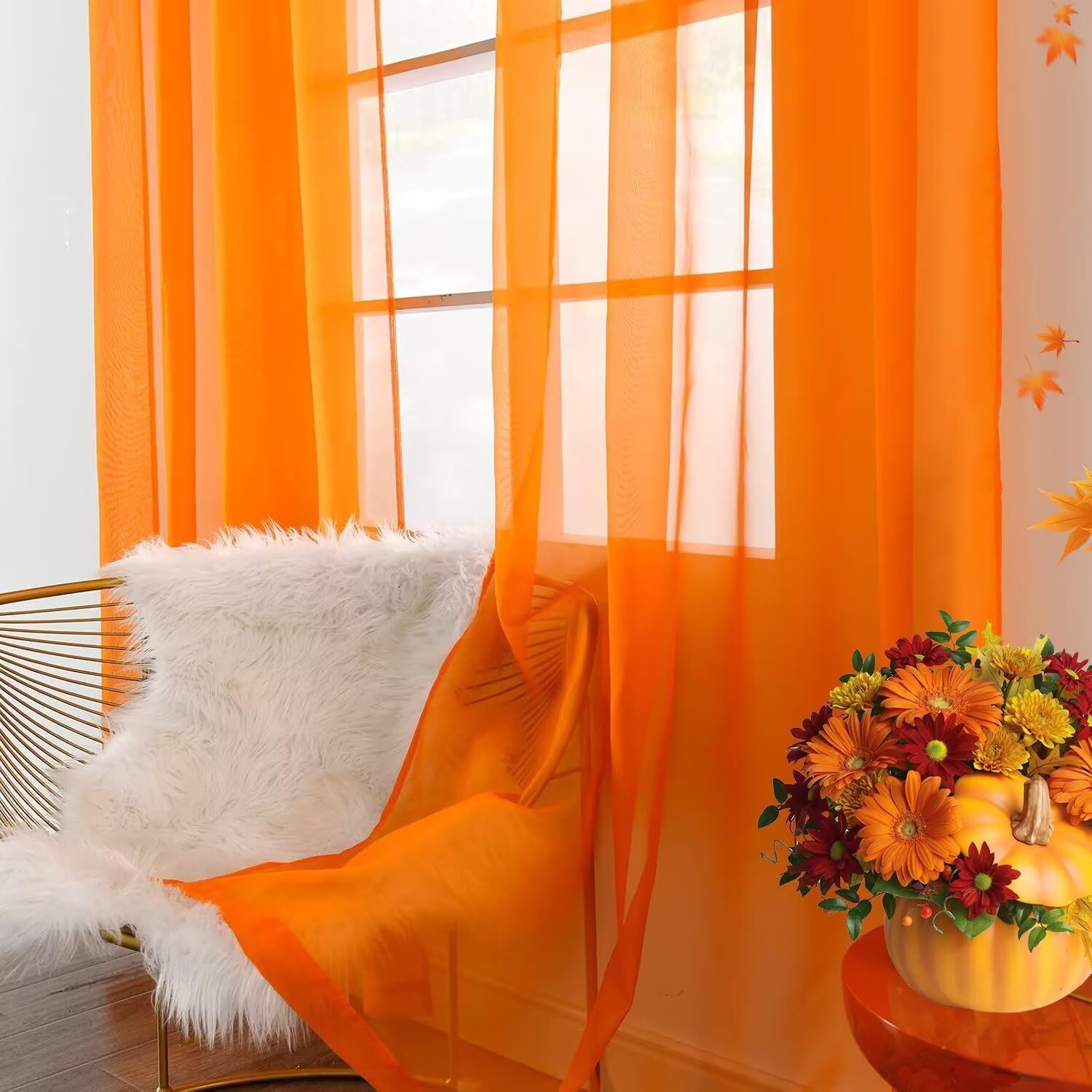 youleyar Solid Sheer Rod Pocket Curtain Voile Draperies 4 Panels White Beige Black Grey Ivory 52 Inch Width 96 Inch Long 1 Pair for Kitchen Bedroom Children Living Room Yard(Orange,52 Wｘ96 L)