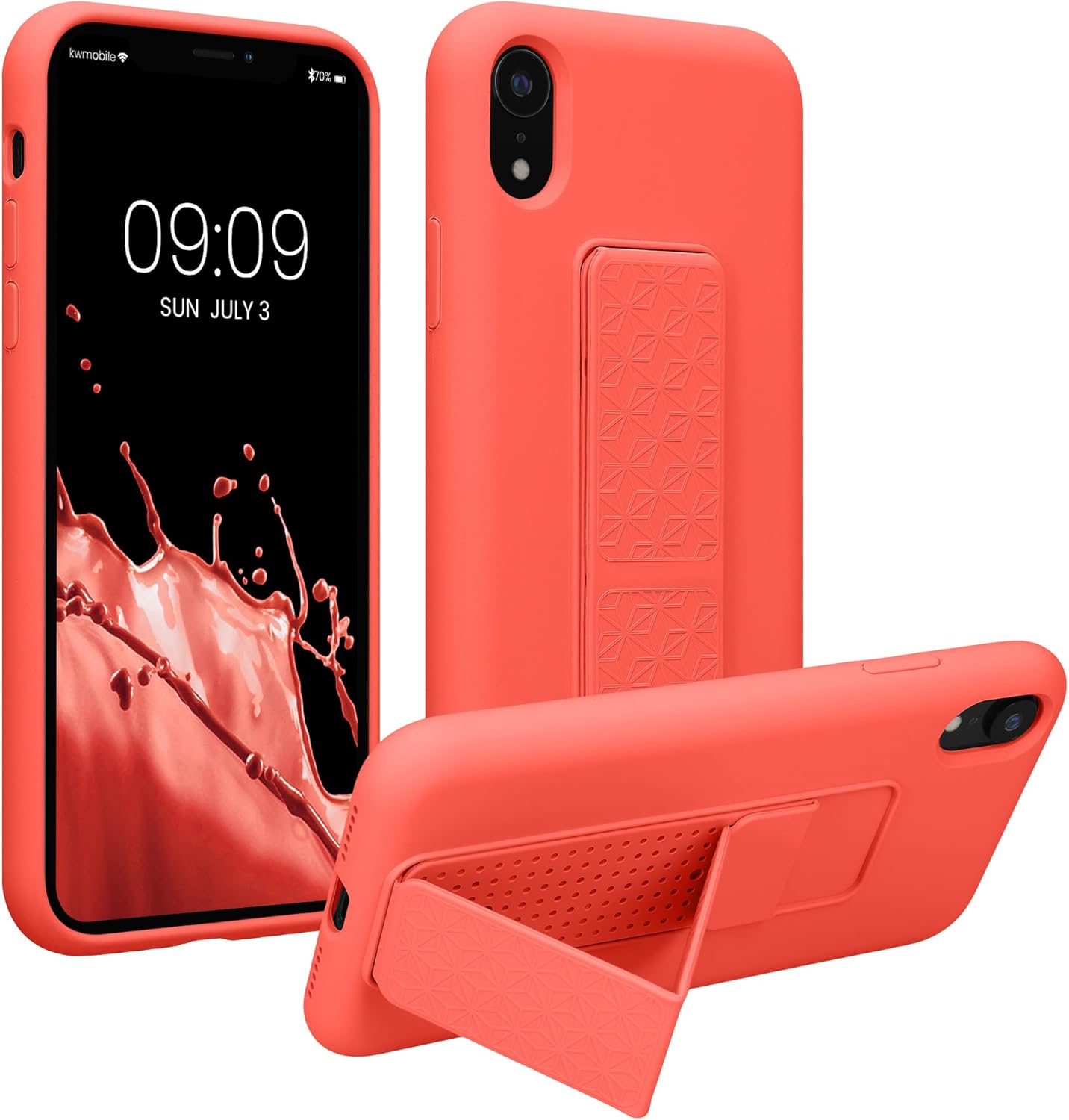 kwmobile Case Compatible with Apple iPhone XR - Case with Hand Strap and Stand Soft TPU Silicone Coating - Coral