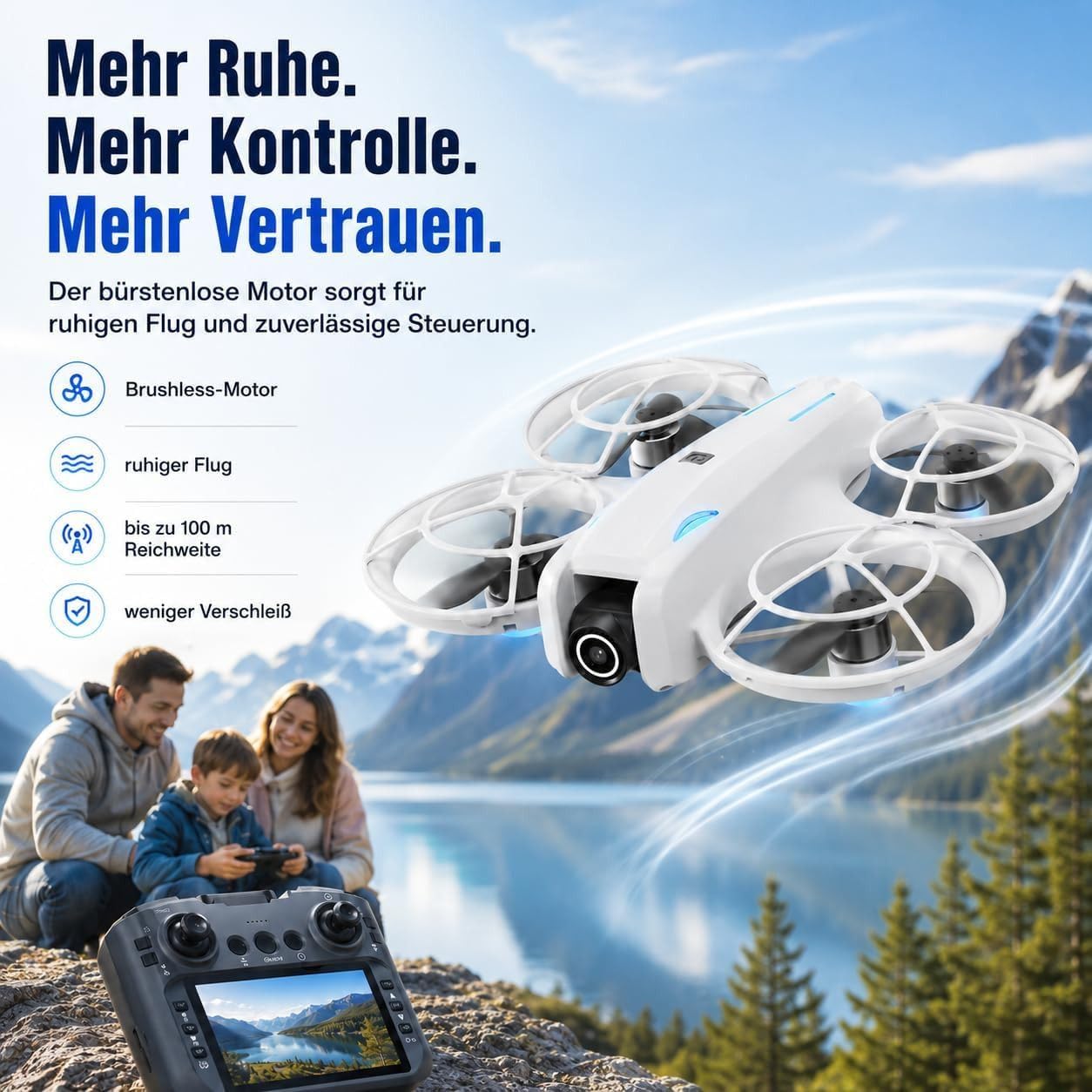 Mini Kameradrohne 1080p mit FPV Livebild, 5,6 Zoll Display-Fernsteuerung, Optical Flow, bürstenloser Motor, 2 Akkus, Propellerschutz, ab 14 Jahren (Weiß, 3 St. Akkus)