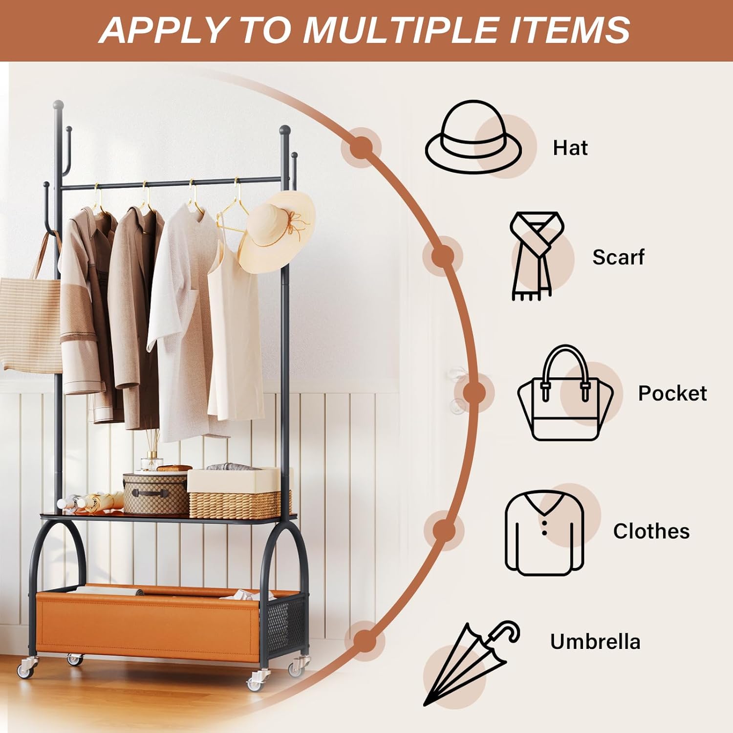 Clothes Hanging Rack with Storage Basket - Rolling Clothing Rack with Shelf, Black Metal Garment Rack with Lockable Wheels and Hooks, Heavy Duty Freestanding Dress Up Stand for Entryway Bedroom