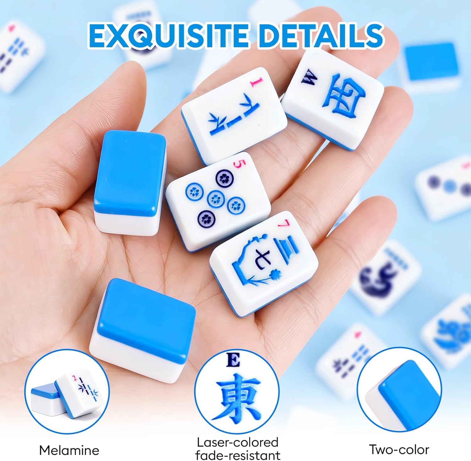 American Mahjong Tile(Only Tiles), 166 Quality Engraved Tiles Blue Backboard, 1.2 inch American Mahjong Game with Carrying Bag/Dice/Chips, Creative Design Patterns, Ideal Mahjong Gifts (No Rack)