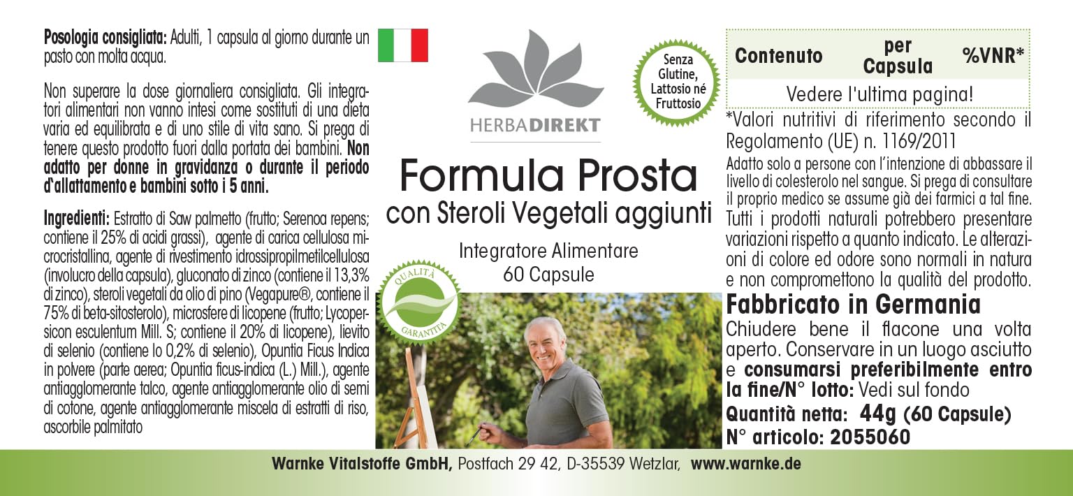 Formule Prostate – avec Stérols végétaux, Palmier nain, Zinc, Sélénium, Betasistérol & Lycopène - 60 gélules | Herba Direkt - Qualité des pharmacies allemandes