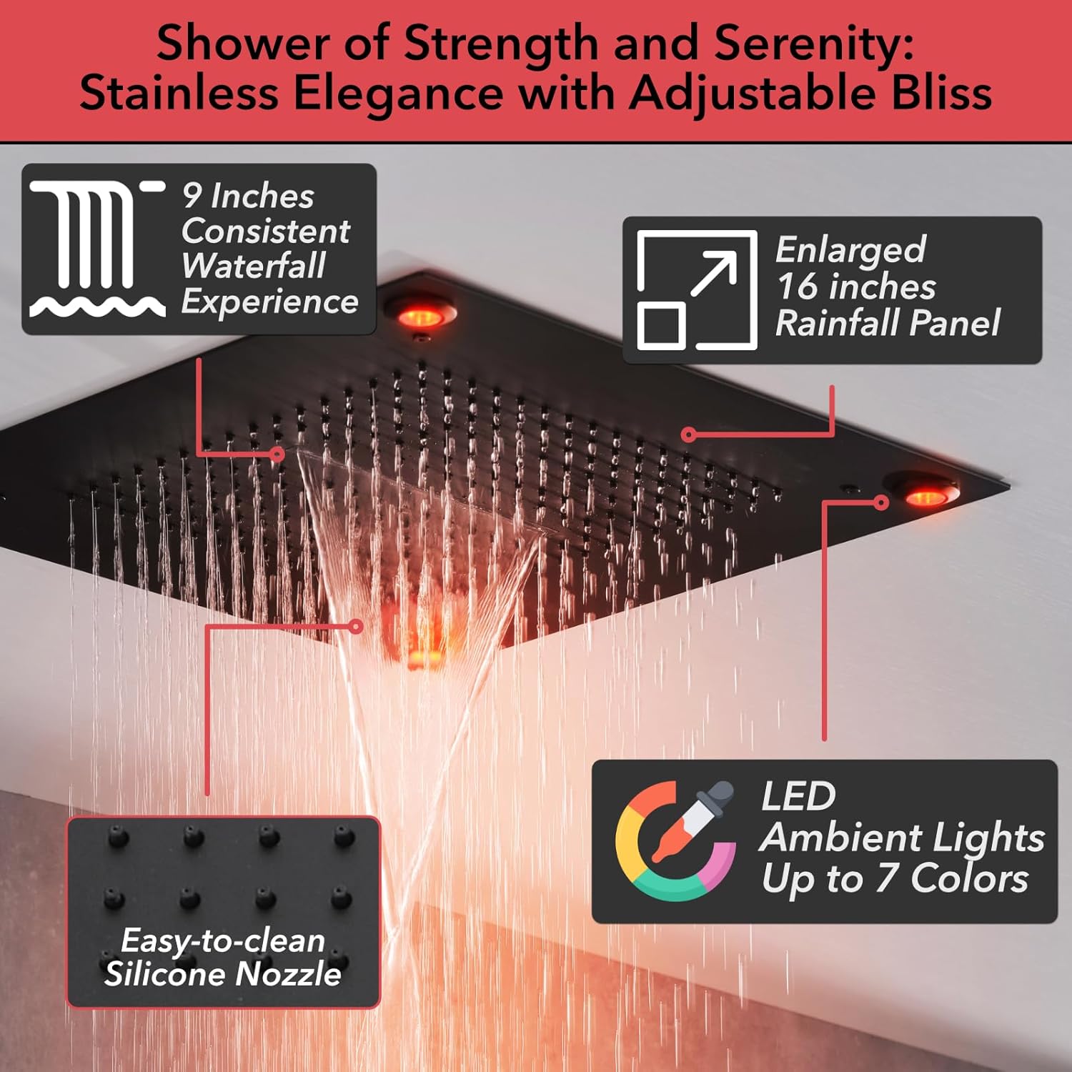 VANFOXLE Shower Faucet Set Matte Black Four Modes Shower System,Shower Faucet with 2 in 1 Handheld,Ceiling Mount 16 Inch LED Shower Head(Rain and Waterfall)+6 Inch Shower Head