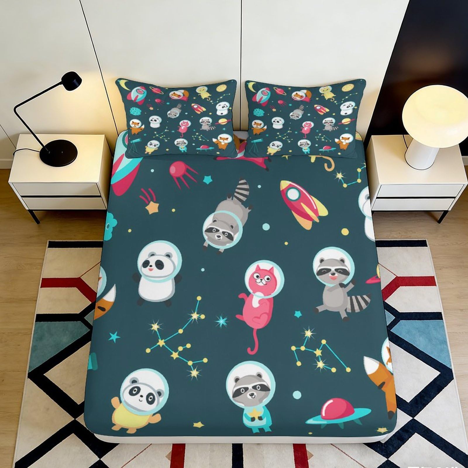 3D Printed Space Animal Fitted Sheet Microfiber Soft Breathable Cartoon Rocket Mattress Cover for Bedroom Dorm Mattress Protection Decor 160x200x25cm