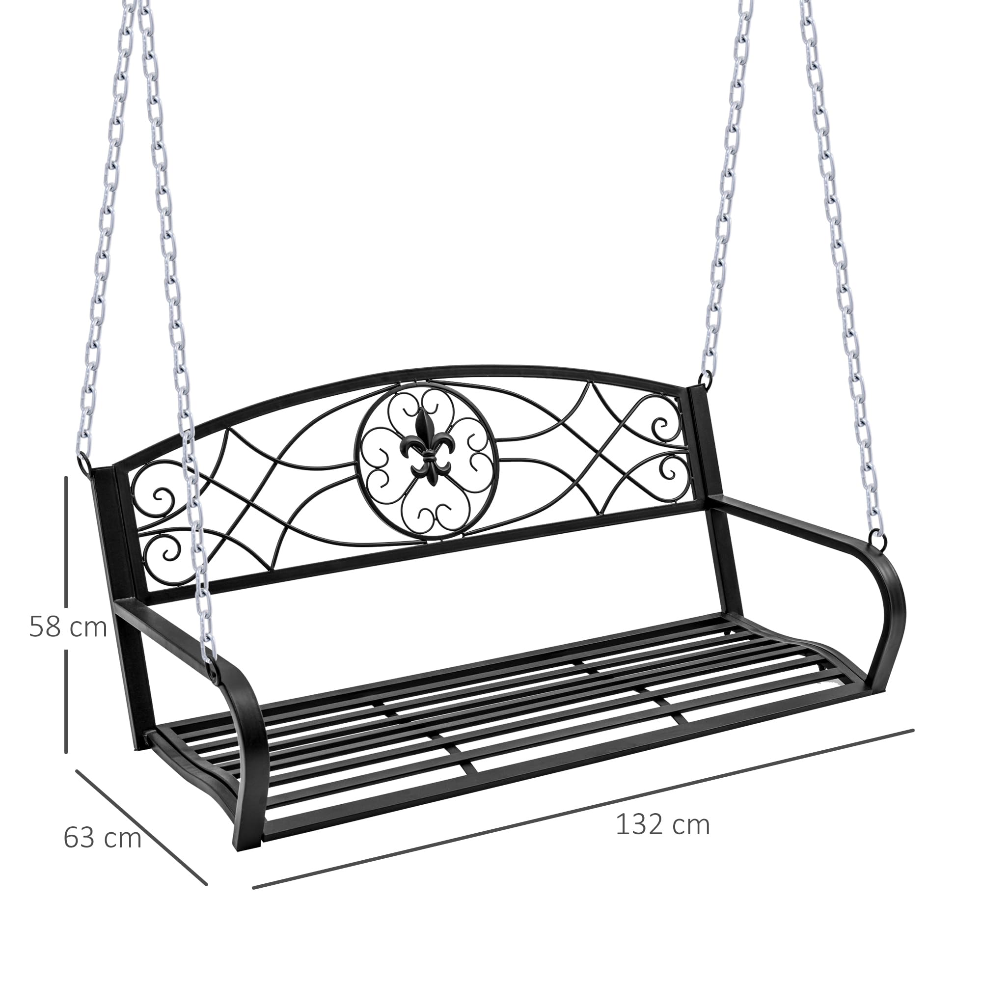 Outsunny Hängebank 2-Sitzer Gartenschaukel Schaukelbank Hollywoodschaukel Schwebebank mit Ketten Metall Schwarz 132 x 63 x 58 cm