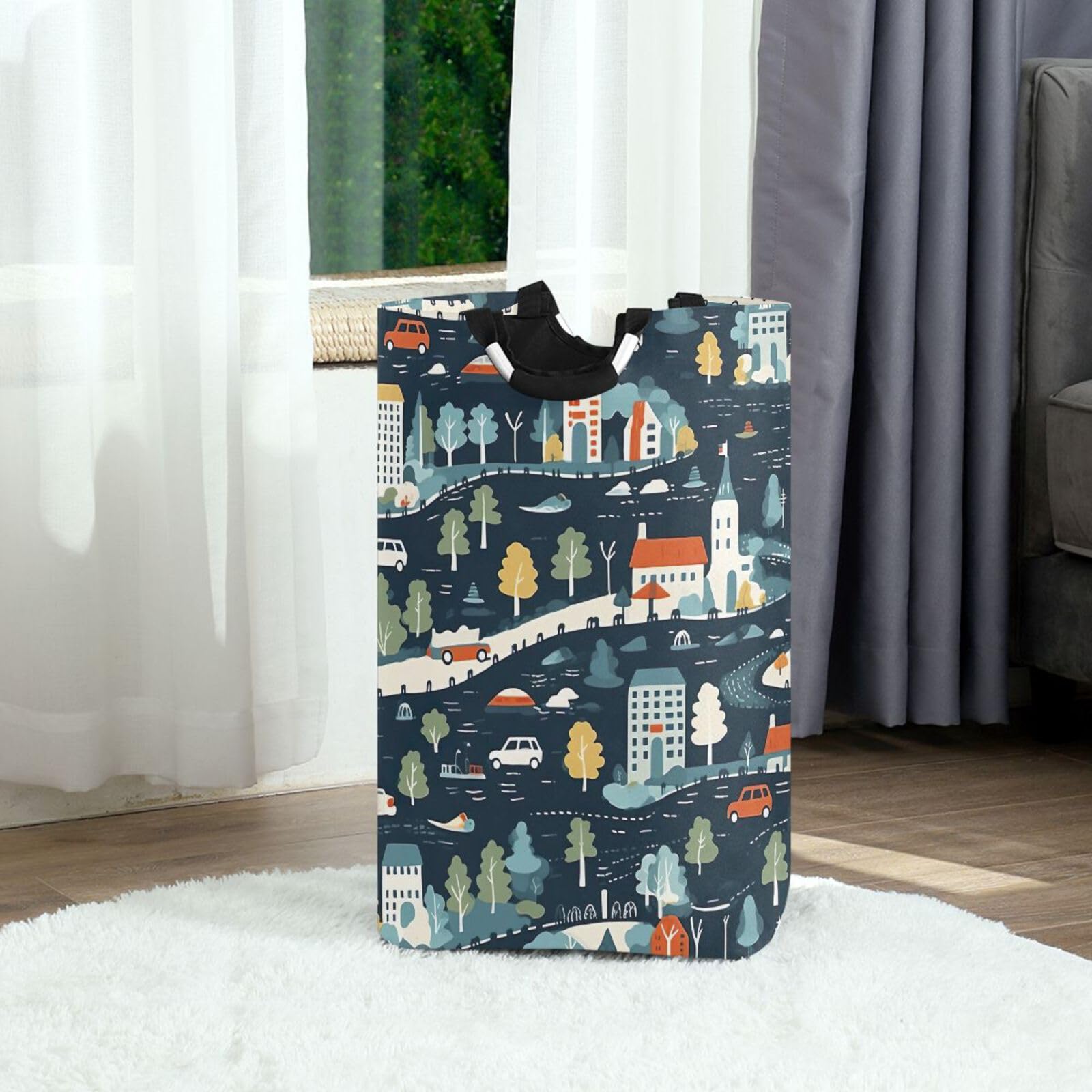 Jihqo Laundry Hamper Basket Cartoon City Cars Collapsible Nursery Storage Bin Waterproof Clothing Baskets for Home Bedroom Bathroom Washing Room