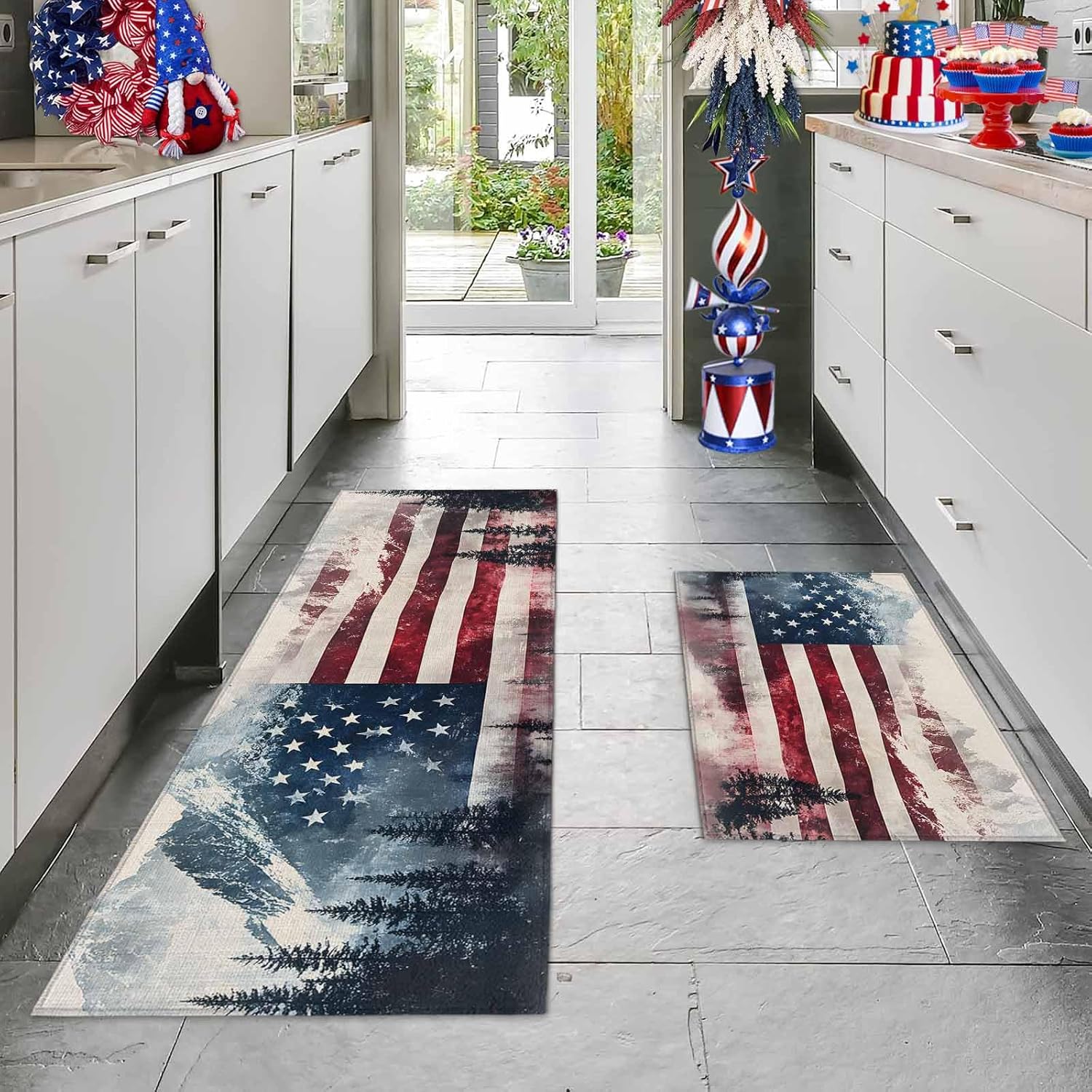 2 Pieces Kitchen Rugs and Mats,4th of July USA Flag Mountain Area Runner Rug Set Non Slip Floor Doormat Washable Carpet Standing Mat for Kitchen Sink Indoor Corridor,Vintage Linen Forest Landscape