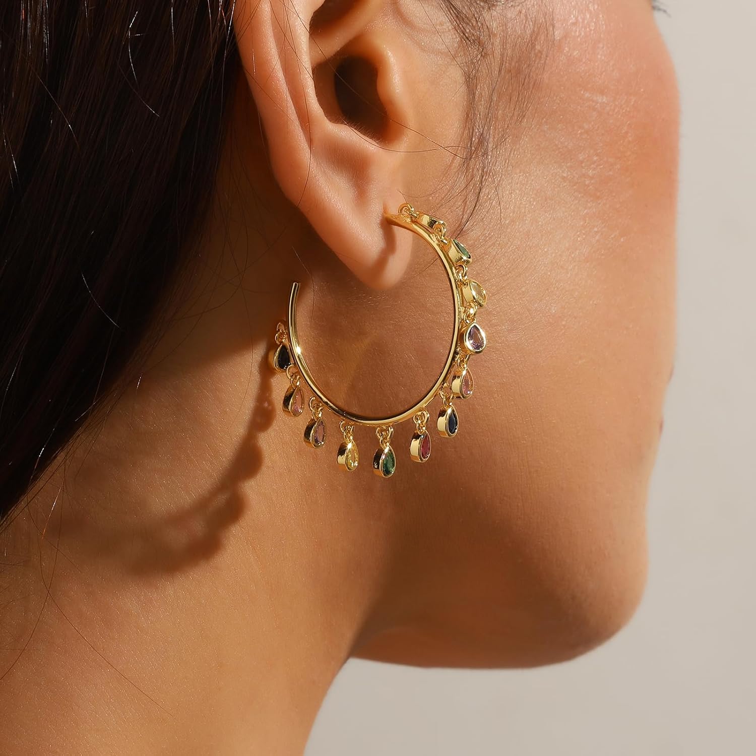 beautlace Colored Zircon Geometric Drip tassel Stud Earrings 18K Gold Plated Round Hoop with Colorful Zirconia Jewelry for Women