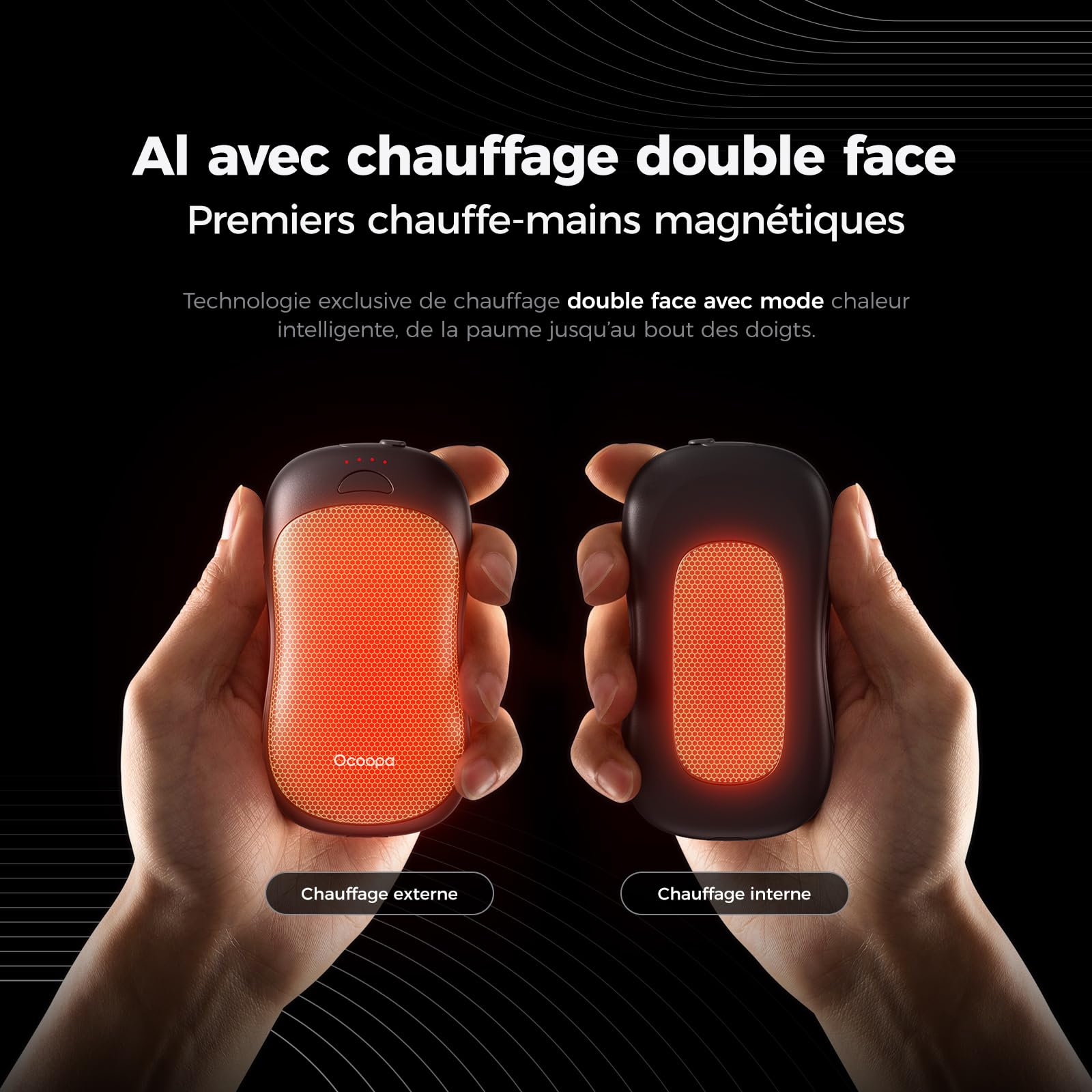 OCOOPA Chauffe-Main Rechargeable 10000mAh USB, Chaufferette Électrique Magnétique Réutilisable, 4 Niveaux de Chaleur, Cadeau Tech pour Hommes, Convient pour Golf, Chasse et Camping, UT3 Pro