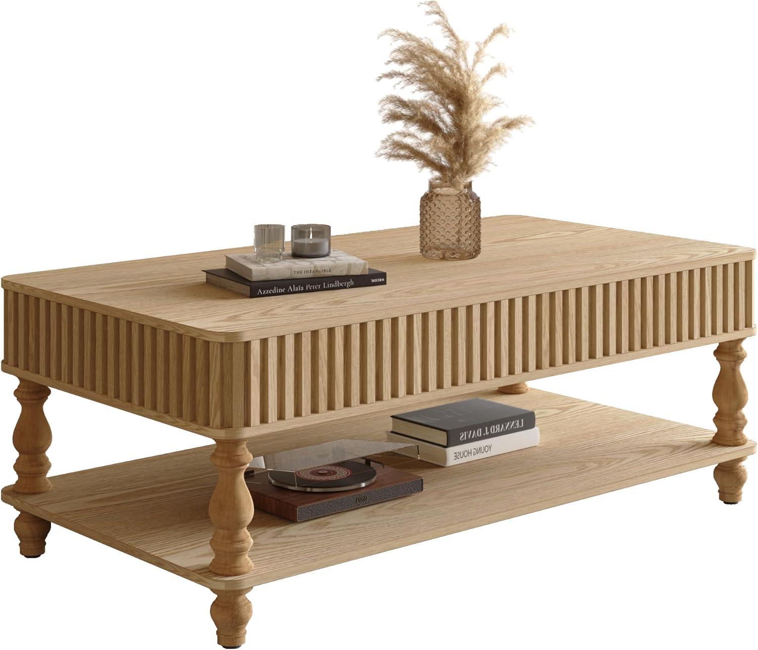 47.24" Rectangular Coffee Table with Storage, Mid Century Modern Fluted Drum Center Tables,Solid Wood Modern Coffee Table Accent Tea Table for Living Room, Bedroom, Apartment or Office, Natural