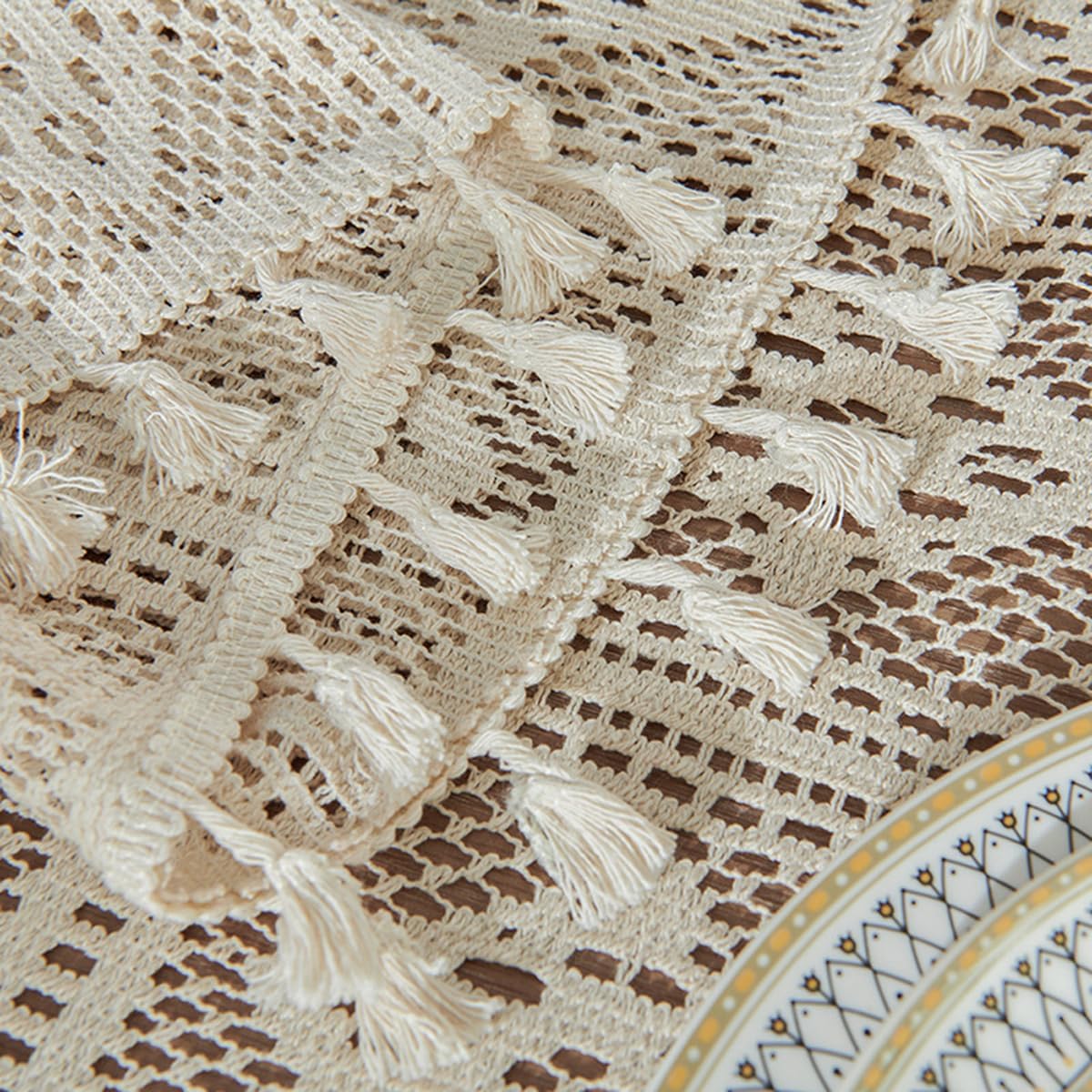 Bohemian Cotton Linen Geometric Tablecloth Plaid, Crochet Vintage Beige Fringe Rectangle Tablecloth for Kitchen Dining, Party, Holiday, Festival, Ruffled (60 "x102) Beige