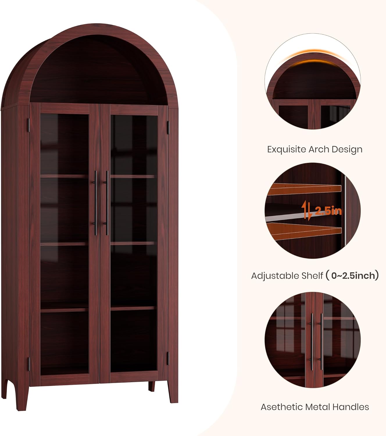 Diagram showing the exquisite arch design, adjustable shelf mechanism, and aesthetic metal handles of the GarveeHome cabinet.