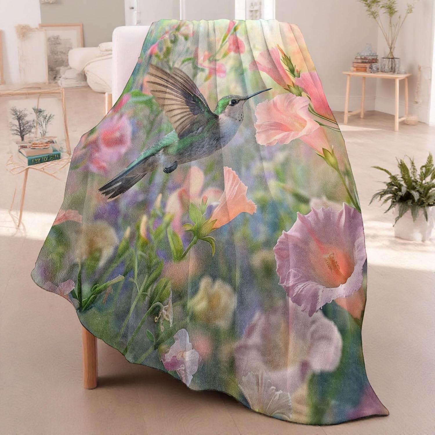 Hummingbird Floral Throw Blanket for Boys Girls Kids Adults, Cozy Bird and Blossom Garden Theme Flannel Blankets Gifts for Camping, Bedroom, Couch, Room Home Decor, 50"x60" - Image 2