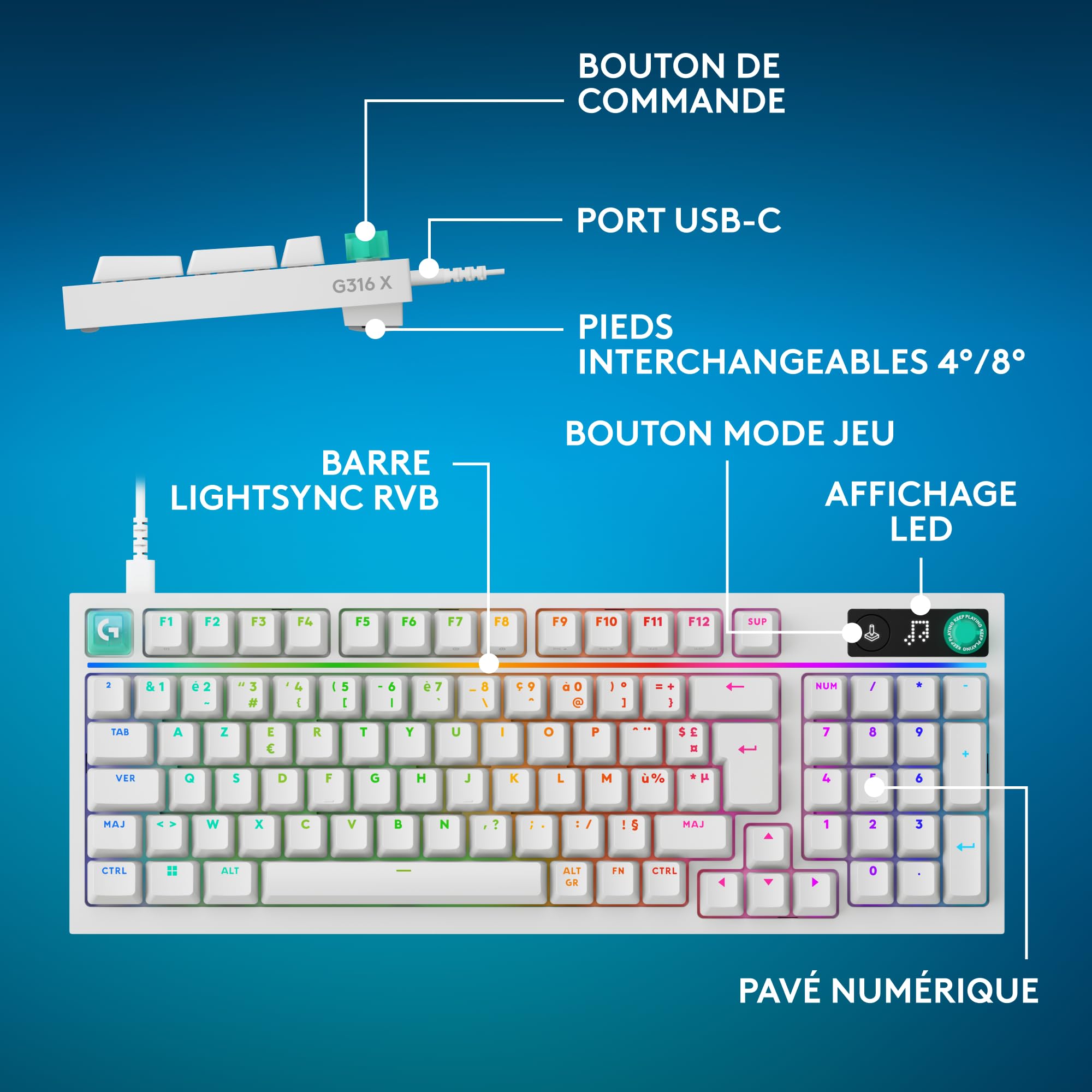 Logitech G G316 X 98, Clavier Gaming, 8 kHz, switchs tactiles Hot-Swap, Structure à Joint, Affichage LED matriciel & molette, Touches PBT Double Couche, USB-C, RVB LIGHTSYNC, PC, FRA AZERTY - Blanc