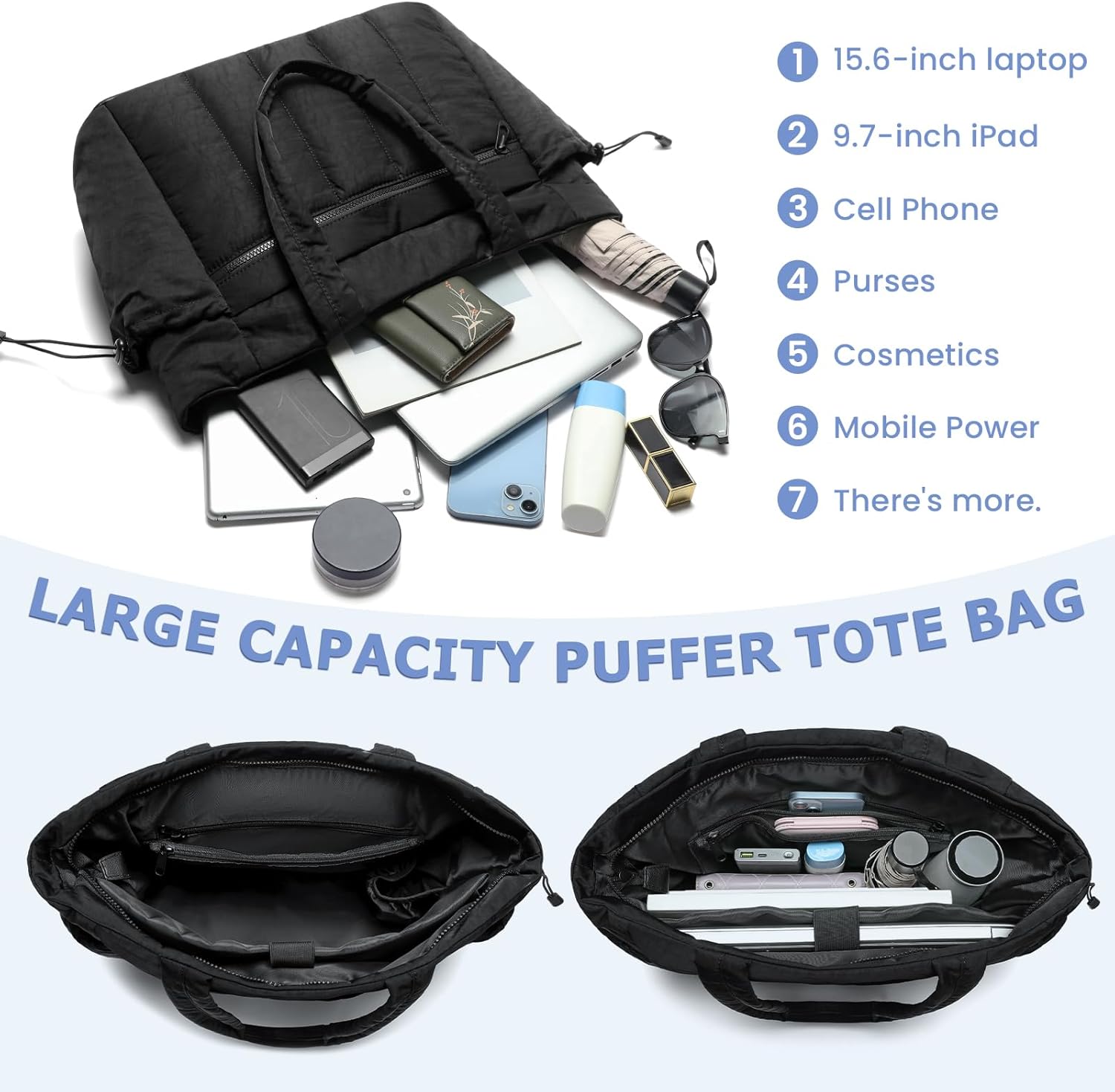 Tote Bag for Women, Lightweight Puffer Tote Bag with Compartments, Quilted Shoulder Bag Handbag with Zipper for Work - Image 5