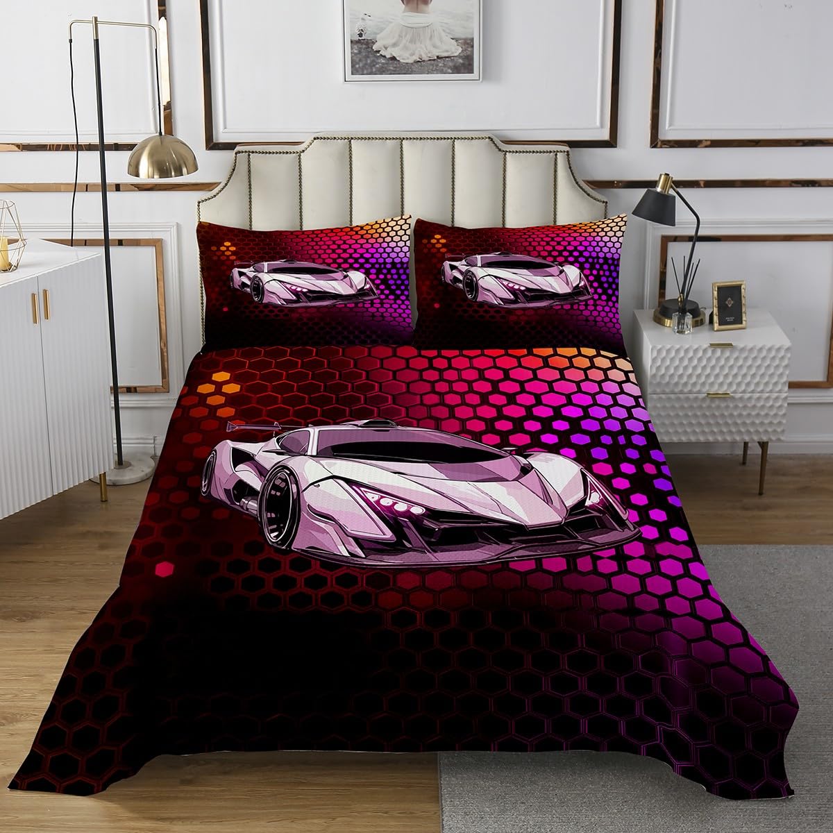 jejeloiu Kids Purple Race car Bedspread Twin Size, Speed Sports Car Coverlet Set Boys Girls Extreme Sports Quilted Coverlet Teens Bedroom Decor 2Pcs