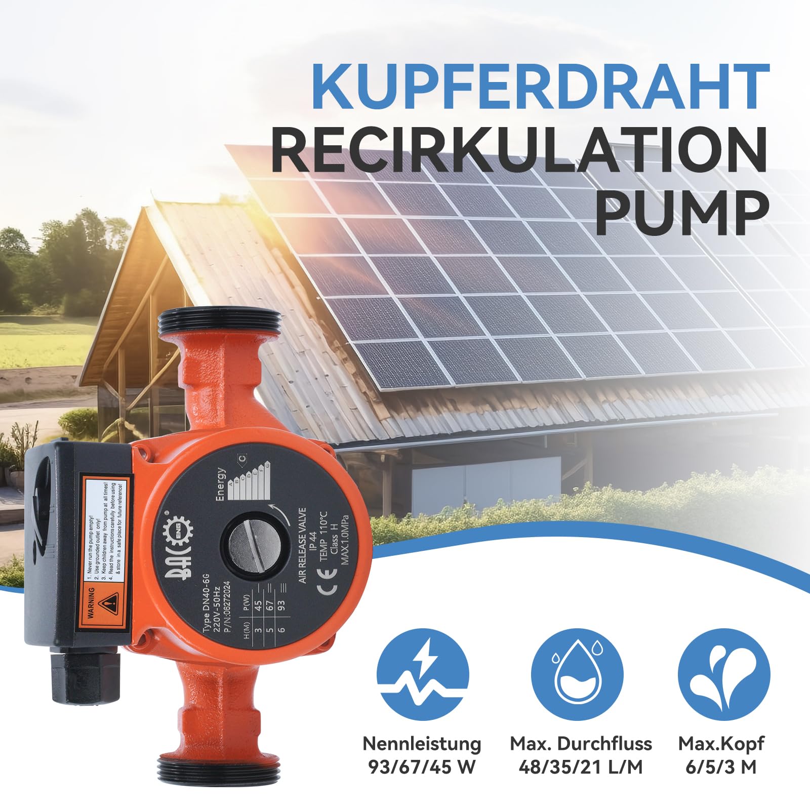 BACOENG Pompa di Circolazione Pompa di Riscaldamento RS 25/6-180 Circolatore Pompa Acqua per Riscaldamento Centralizzato 220V/50 Hz