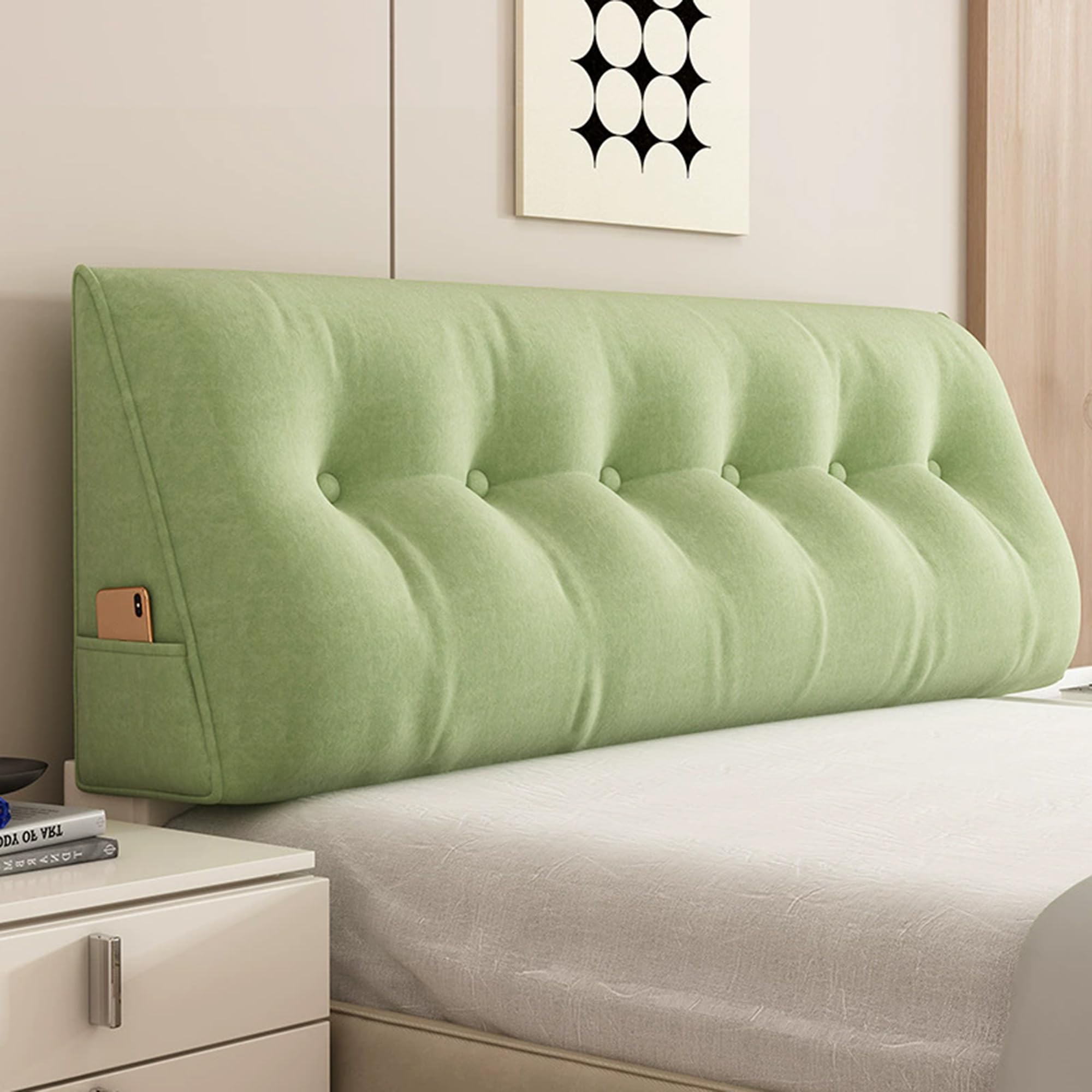Hruile Triangular Headboard Pillow, Rest Reading Pillow for Bed Sofa, Backrest Wedge Cushion with Side Pocket, Lumbar Support Cushion, Backrest Positioning Bolster (60x50x20cm,Green)