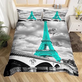 Eiffel Tower Duvet Cover Set Girls Chic Teal Paris Theme Bedding Set for Kids Teens Women Bedroom Decor Paris Cityscape Printed Comforter Cover Microfiber Modern French Style Bedspread Cover Full