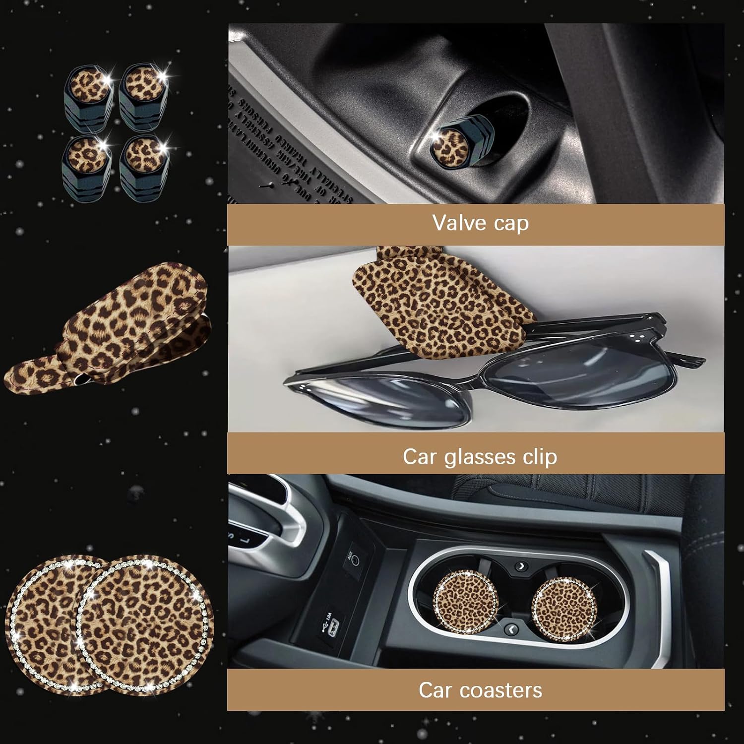 24 Pcs Leopard Print Car Accessories,Including License Plate Frame,Rearview Mirror Decoration,Etc,Suitable for Sedan,SUV and Other,Cute Car Interior Set for Women (Brown)