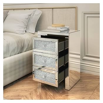 クリスタル付きミラーナイトスタンド BEDSIDE TABLE Amazon.com: Mirrored Floating Bedside Nightstand with Drawer
