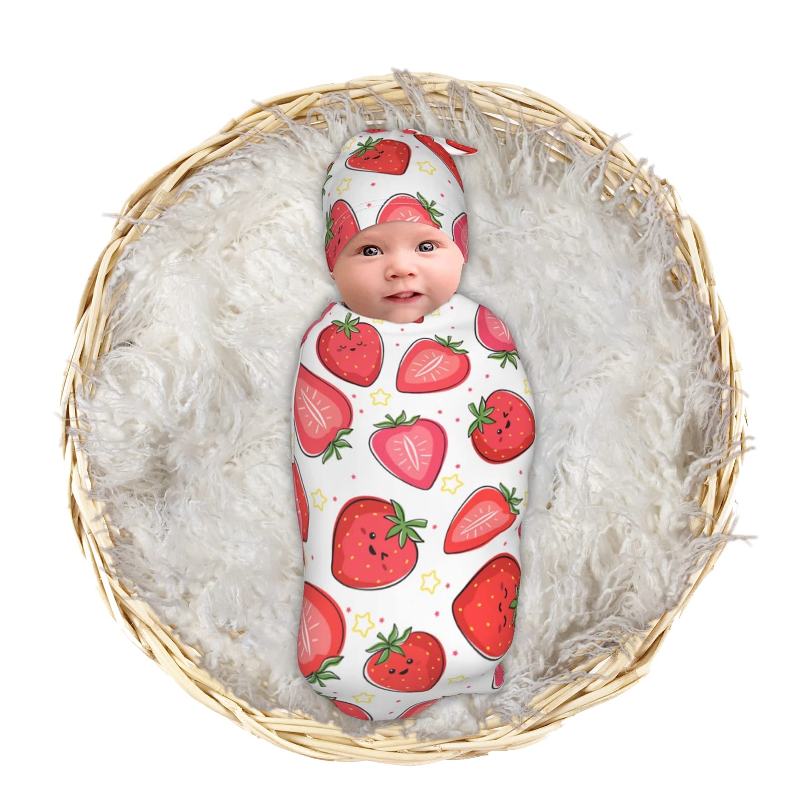 Strawberry Print Baby Swaddle, Swaddle Me 0-6 Month, Baby Stuff, Newborn Swaddle Blanket Soft Stretchy with Beanie Hat, Nested Bean Swaddle 11
