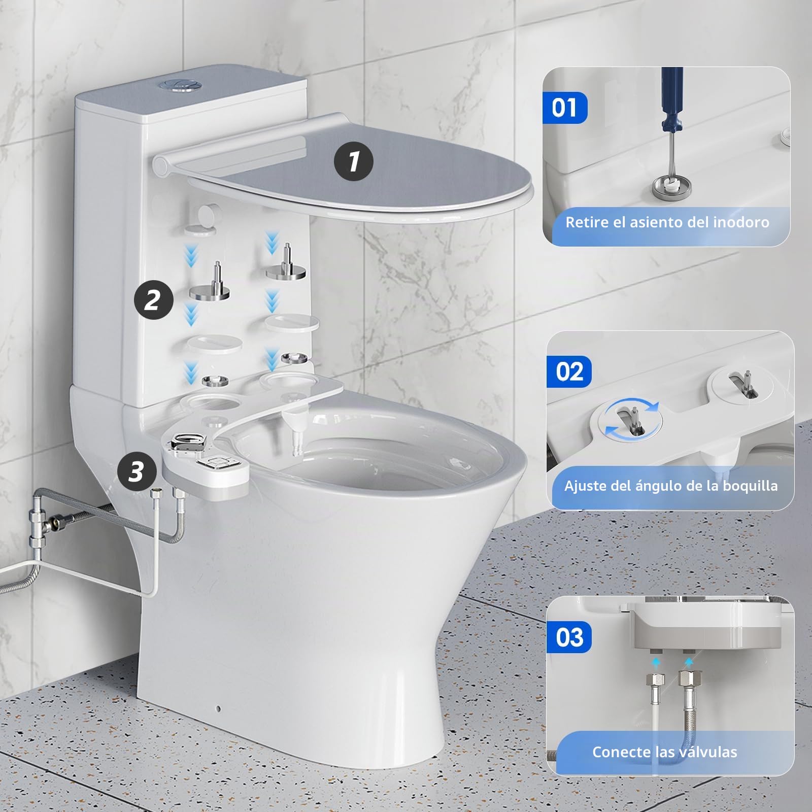 Bidet para WC Portátil No Eléctrico, Adaptador Bidet para Inodoro Doble Boquilla Retráctil, Presión de Agua Ajustable