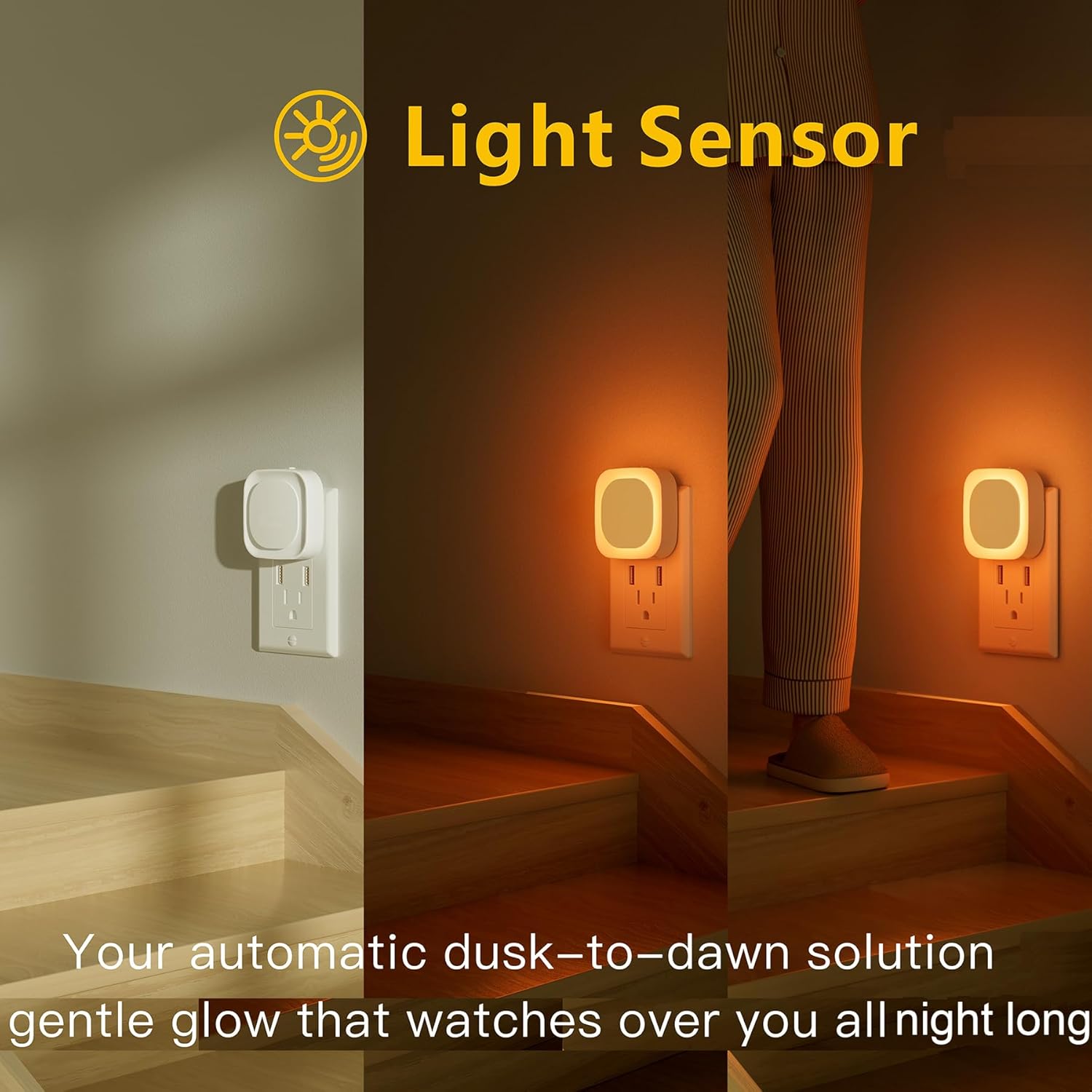 YUNLEX 2 Pack Amber Night Light, Dusk to Dawn Sensor, Warm Glare-Free Reflected Glow, 3-Level Dimmer, Auto On/Off, Plug-in LED Nightlight for Bedroom, Kids, Bathroom, Sleep, Baby Nursery, Toddler