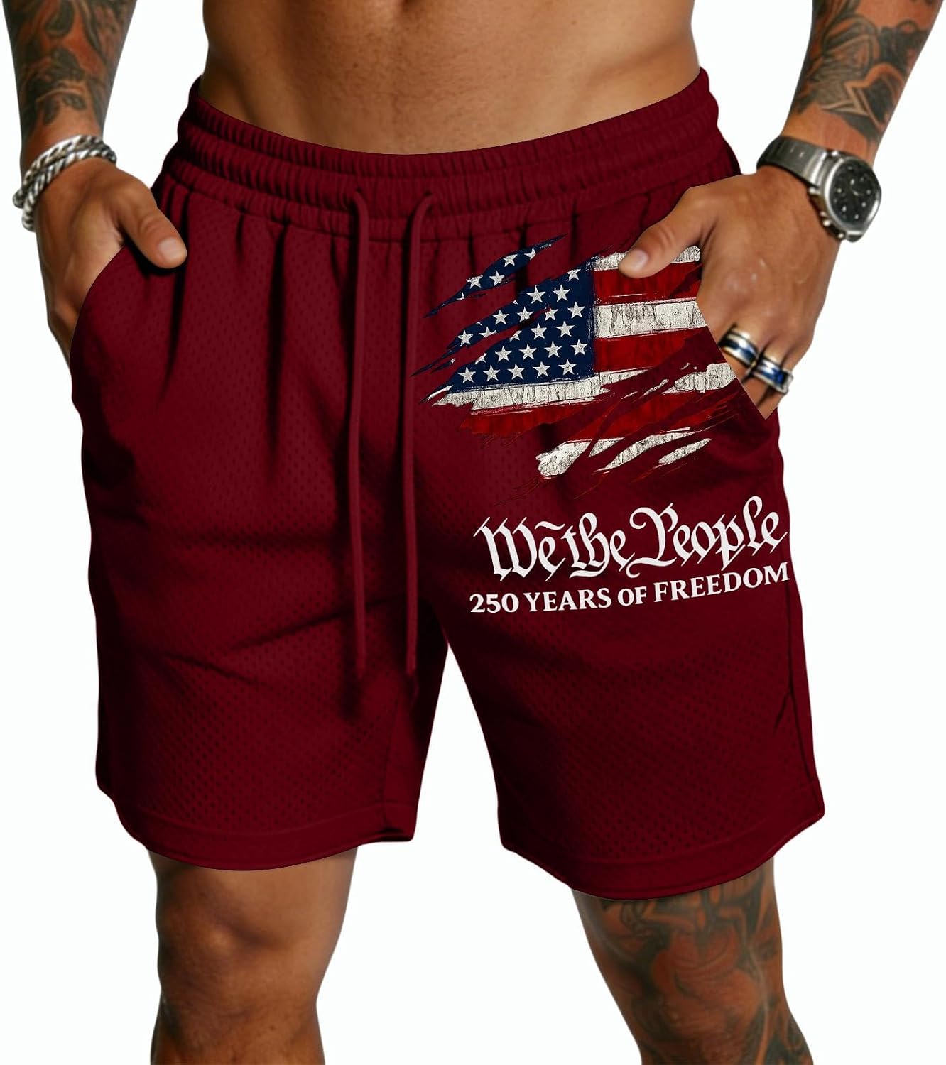 Ymosrh Men's USA Shorts We The People 250 Years Lightweight Summer Beach Workout Shorts with Pockets S-3XL