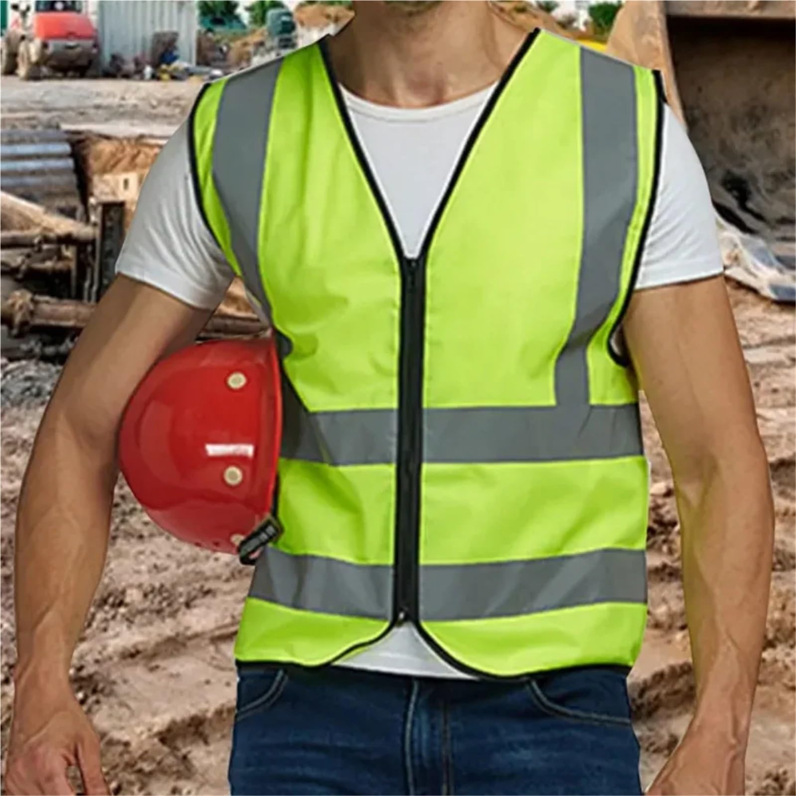 Chaleco Reflectante de Seguridad con Cuatro Cremalleras, for Obras construcción, saneamiento Ambiental y tráfico, múltiples Bolsillos(Yellow)