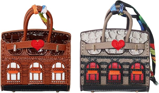2 PCS Women Mini Backpack Keychain Accessories Key Pouch Holder Coin Purse Bag Charm Wallet Camel + Gray
