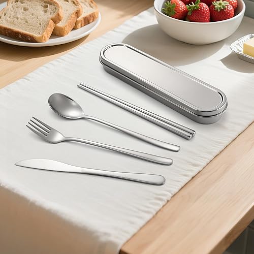 Miniatura 5 de Juego de cubiertos de viaje, cubiertos de acero inoxidable 188, juego de utensilios reutilizables con estuche, lonchera portátil para acampar y