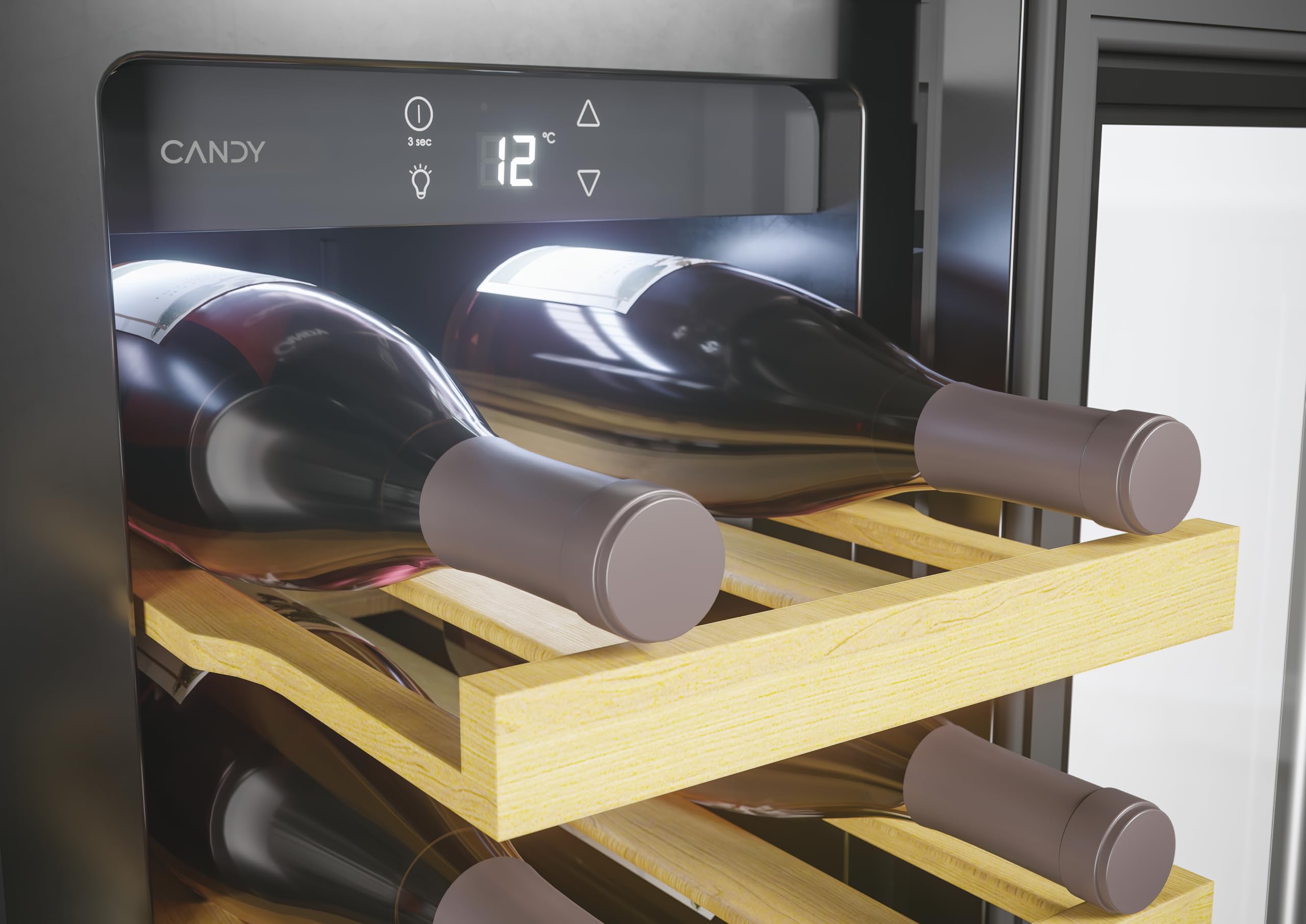 CANDY DiVino Cantinetta Vino da Incasso, 20 Bottiglie, 1 Zona, con Vetro Anti-UV e Filtro ai Carboni Attivi, 6 Ripiani in Legno, Luce LED Interna, Classe F, 29,5 x 57,5 x 81,3 cm, Nera - CCVB 30/1