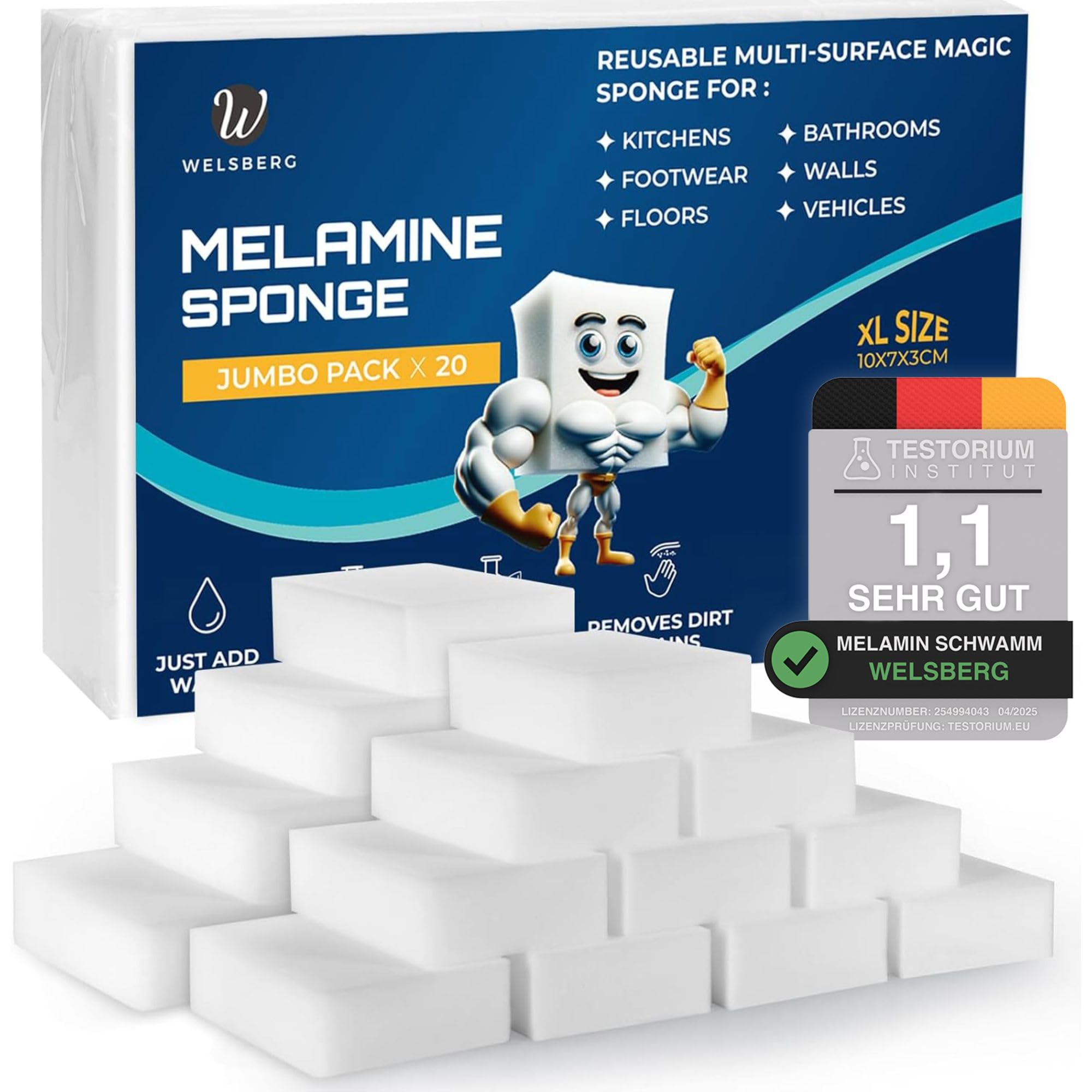 Welsberg Schmutzradierer Schwamm 20 Stück Melamin Wunderschwamm 10x7x3 cm Radierschwamm Putzschwamm, Magic Sponge Eraser für Haushalt, Küche, Weiße Wände, Bad, Schuhschwamm, Weiß