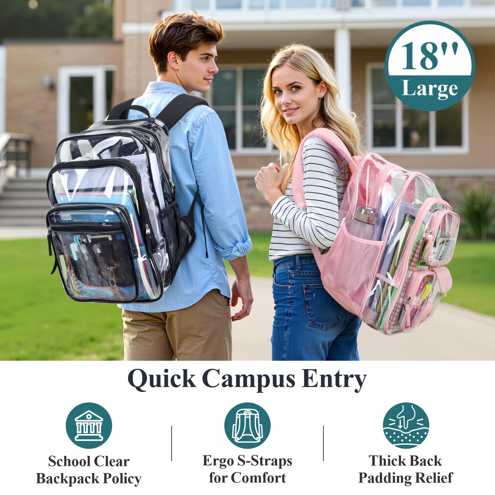 PACKISM Clear Backpacks for School - 18 Inch Extra Large Heavy Duty Clear Bookbag for Boys, See Through PVC Transparent School Backpack with 2 Front Pockets for Students, Black (Age 12+)