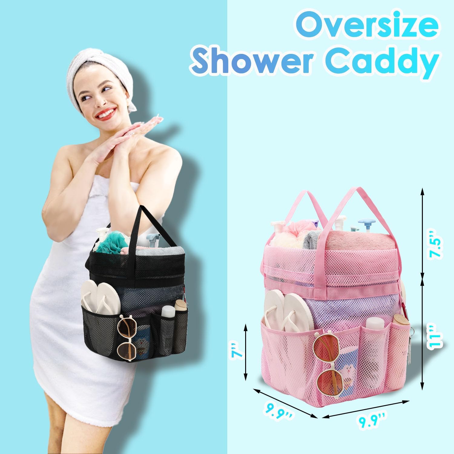 Fammart Mesh Shower Caddy Portable with Drawstring, Dorm Room Essentials for College Girls Guys, 8-Pocket Extra Large Shower Bag Basket Tote for Camping Beach Gym Travel Toiletry Bathroom image 2