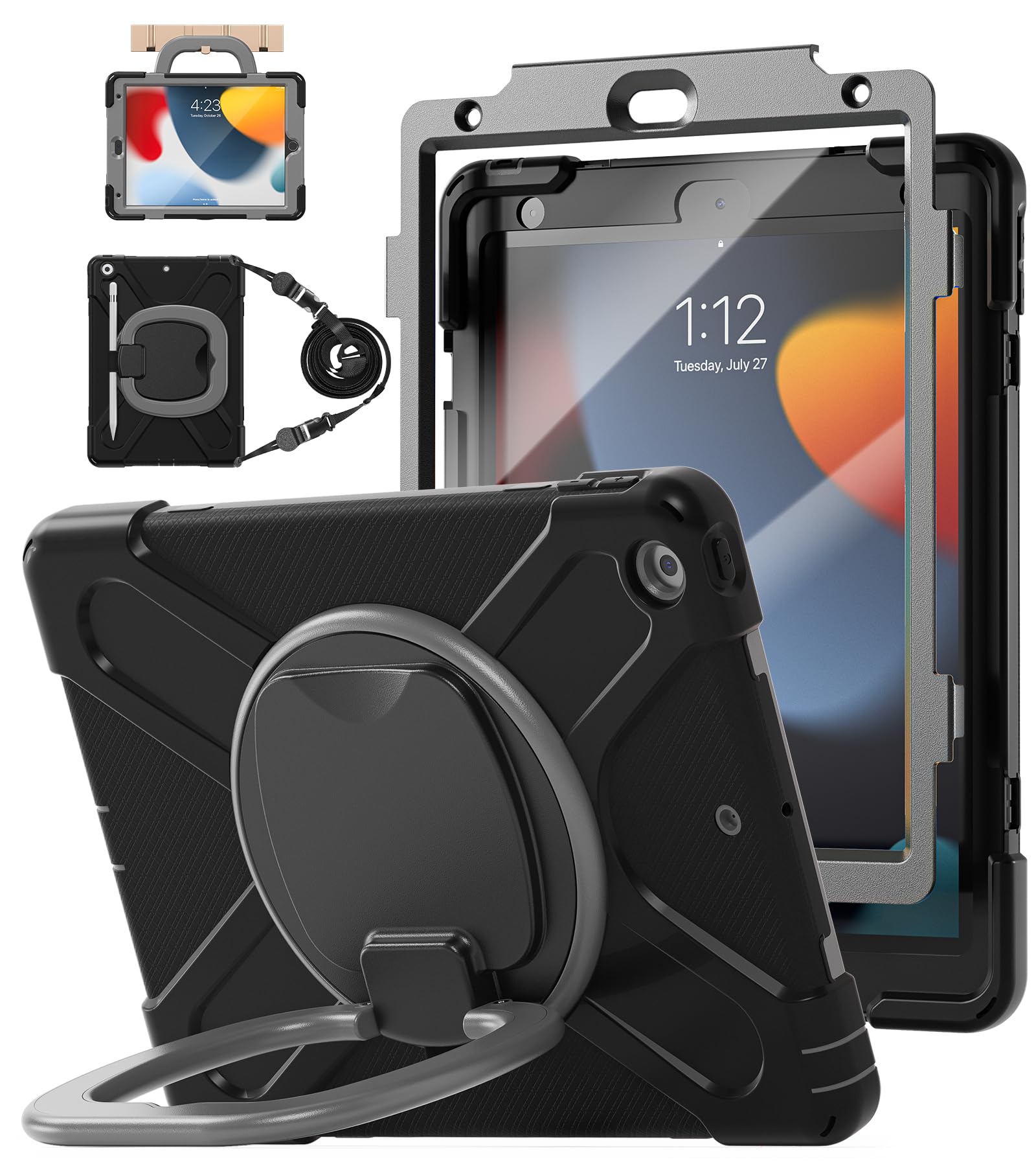 BATYUE for iPad 9th/ 8th/ 7th Generation Case (iPad 10.2 inch Rugged Case 2021/2020/2019) with Screen Protector, Rotating Stand/Pencil Holder/Carrying Shoulder Strap (Black+Grey)